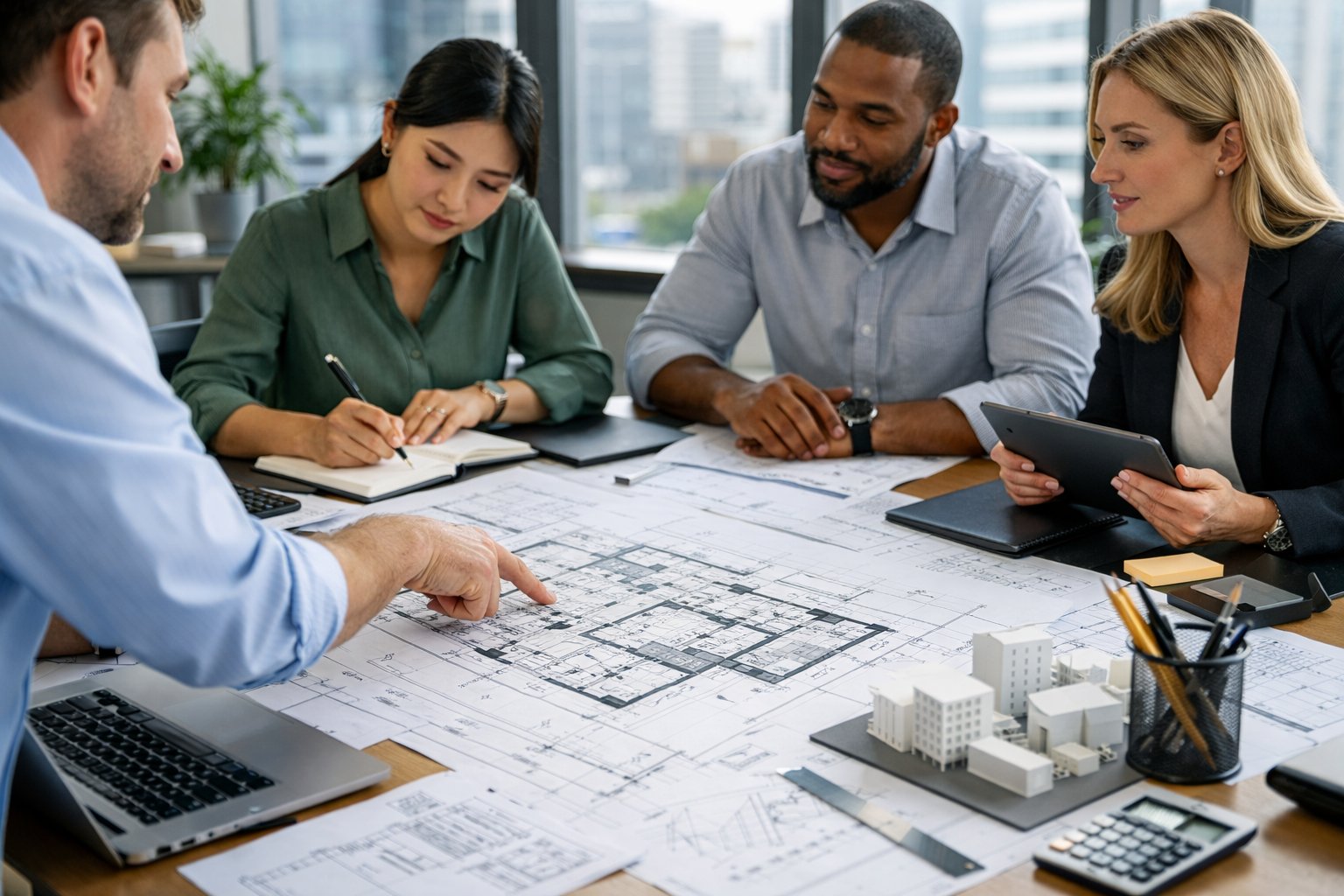 Un groupe de professionnels en réunion autour d'une table avec des plans d'architecture et des ordinateurs dans un bureau lumineux.