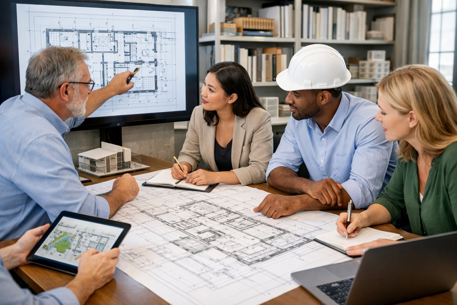 Des professionnels en réunion autour d'une table avec des plans et des appareils électroniques, discutant des étapes clés de la phase APD dans un bureau moderne.