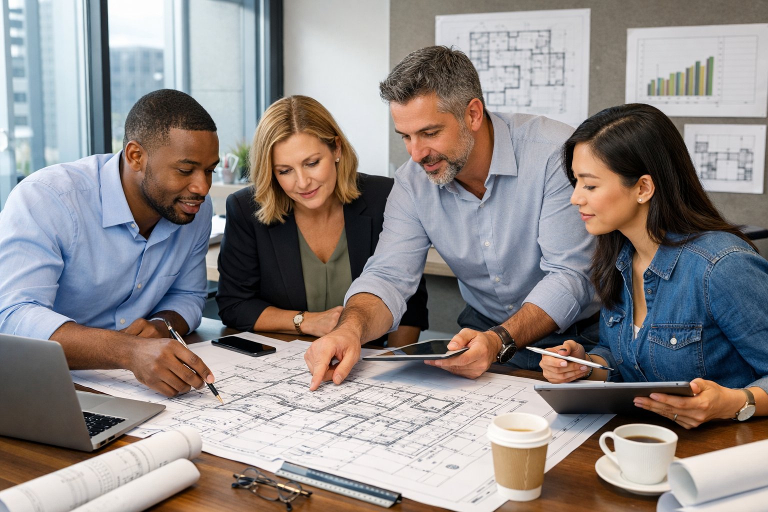 Des professionnels en réunion autour d'une table avec des plans et des ordinateurs dans une salle de conférence lumineuse.
