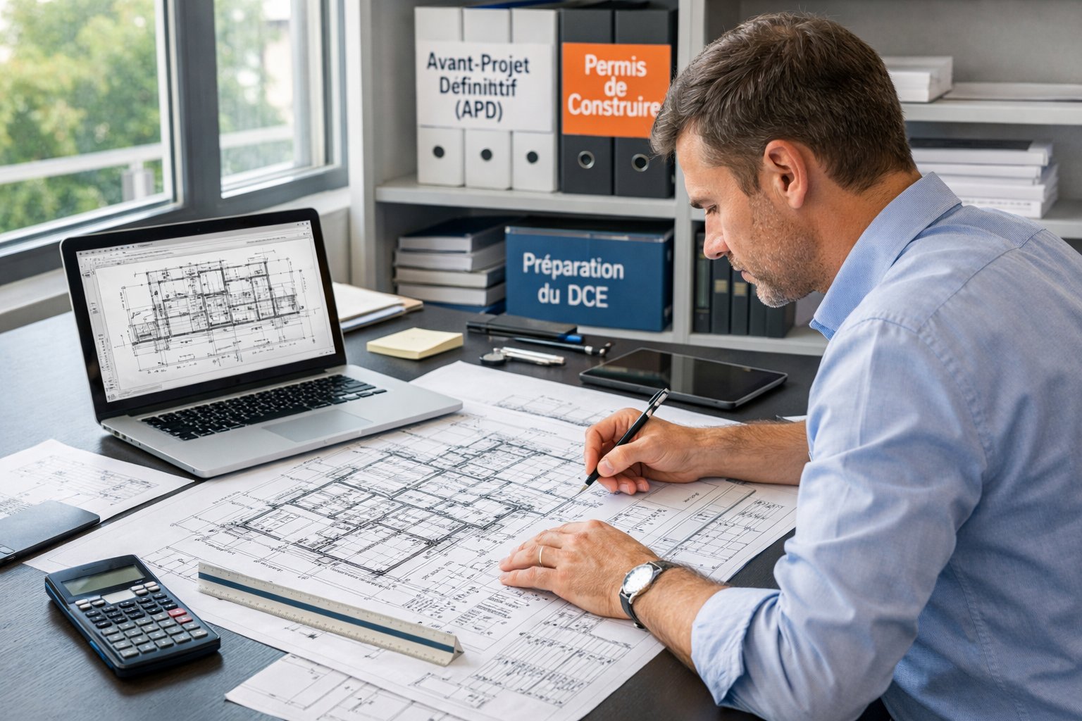 Un architecte examine des plans de construction détaillés dans un bureau lumineux avec des outils et des documents liés à la préparation d’un projet de construction.