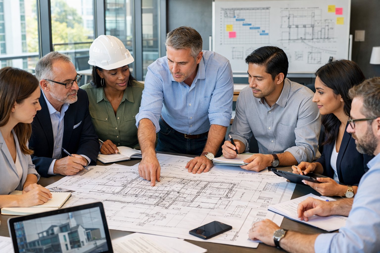 Un groupe de professionnels discutant autour d'une table avec des plans et des documents techniques dans un bureau moderne lumineux.