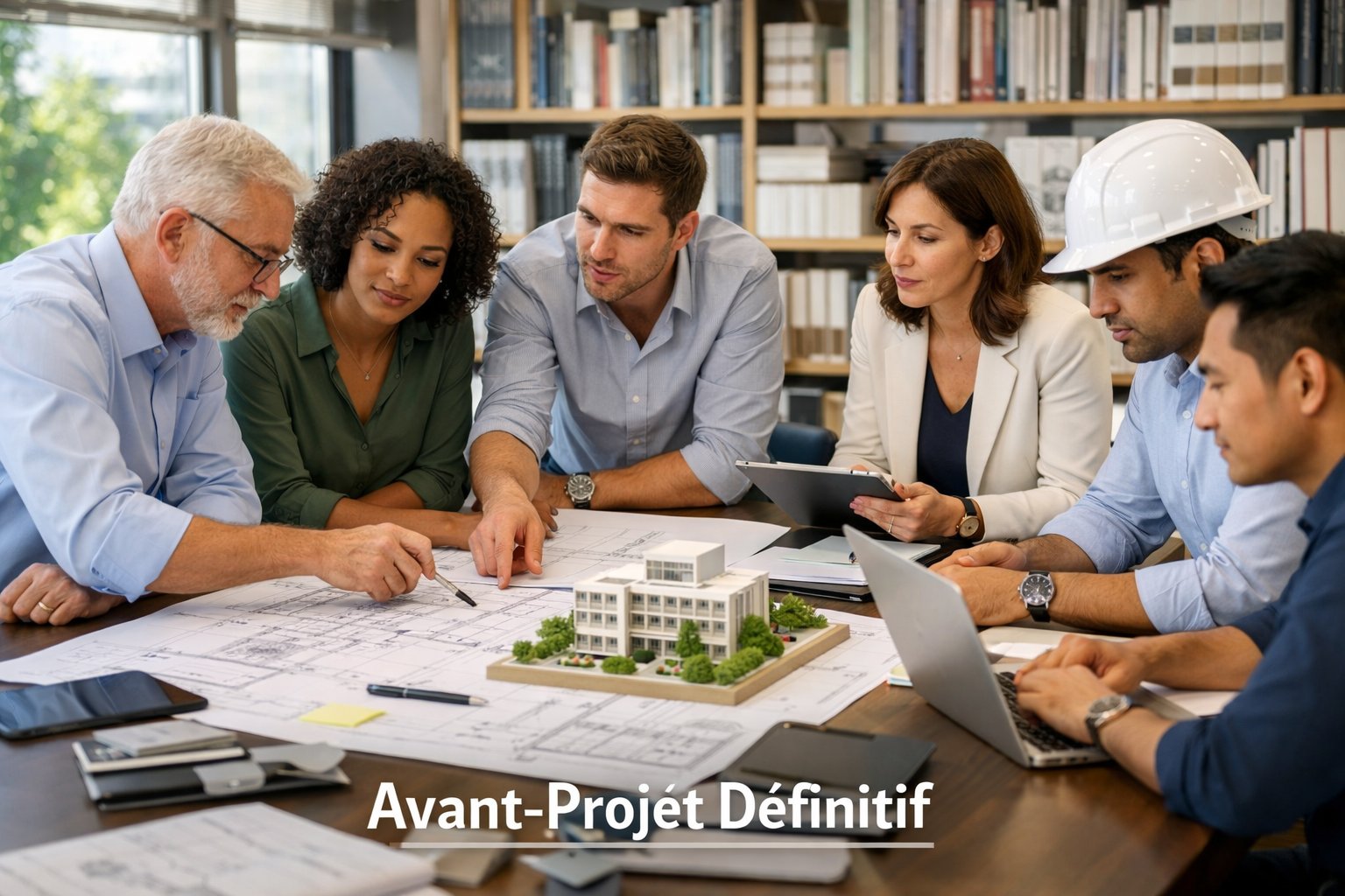 Un groupe de professionnels discute autour d'une table avec des plans et des maquettes dans un bureau lumineux.