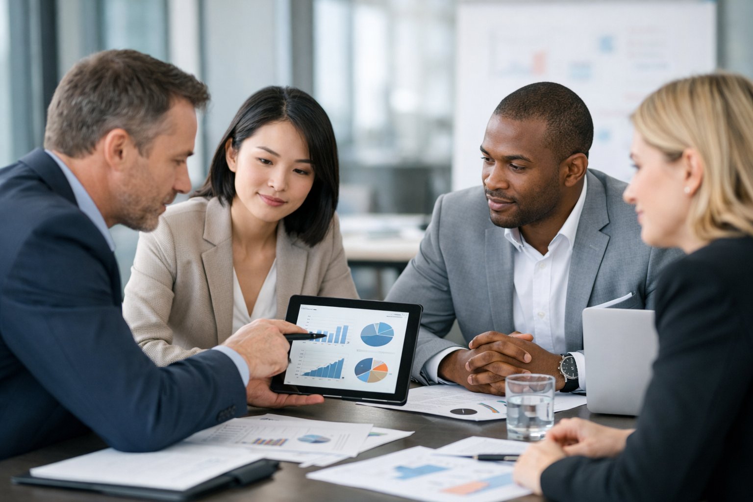 Un groupe de professionnels en réunion autour d'une table de conférence dans un bureau moderne, discutant de documents et utilisant des appareils électroniques.