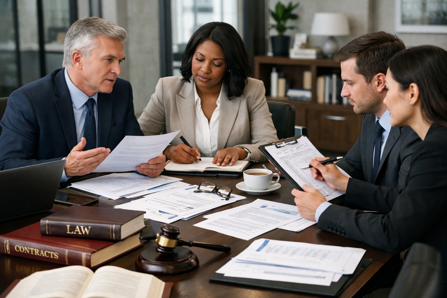 Un groupe de professionnels en réunion autour d'une table de conférence, examinant des documents et discutant sérieusement.