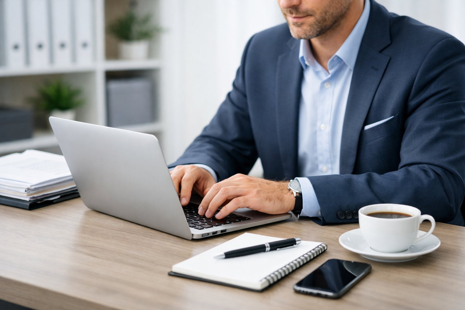 Un acheteur professionnel assis à un bureau moderne, concentré sur son ordinateur portable avec des documents organisés autour de lui.