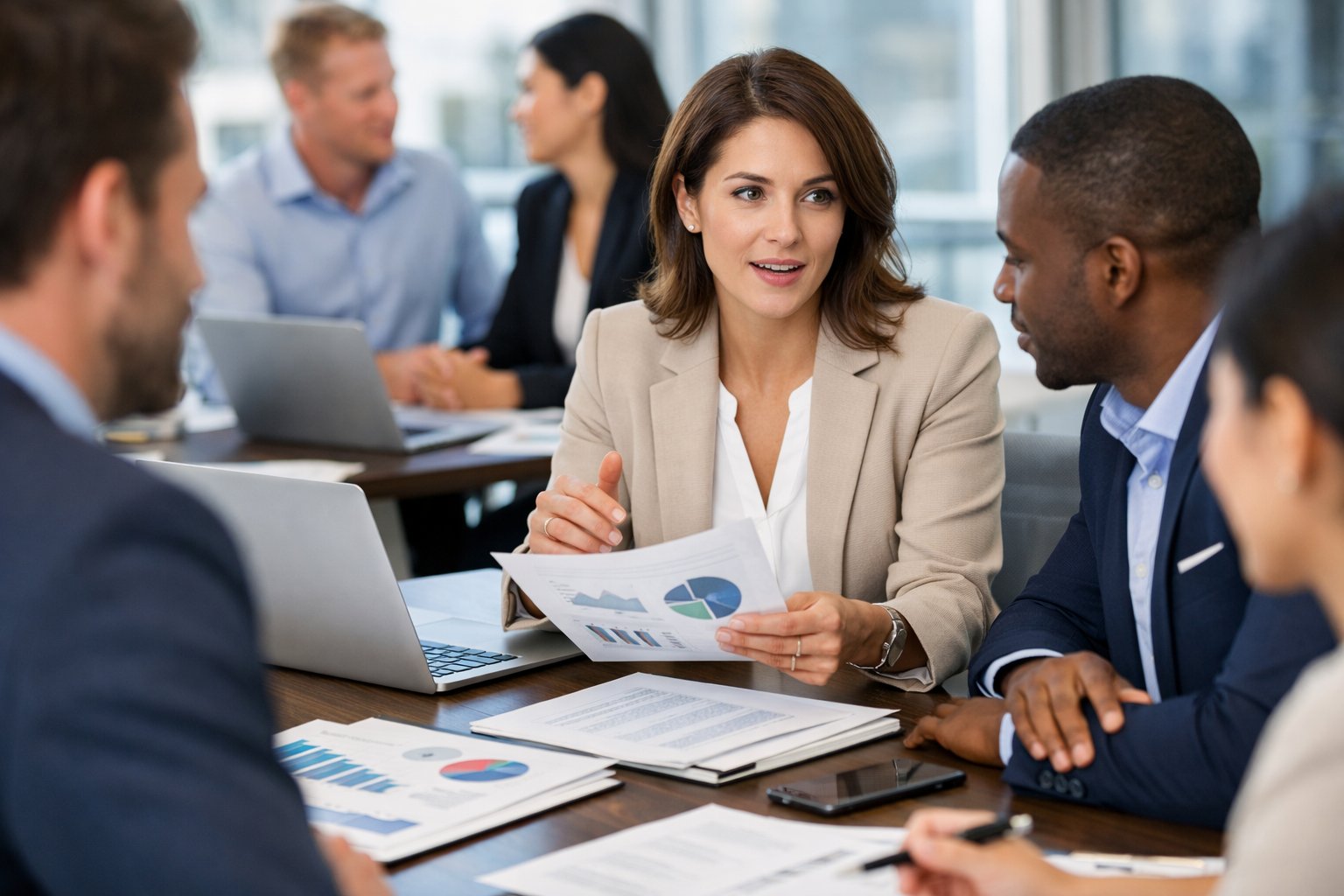 Des professionnels en réunion dans un bureau moderne, discutant autour d'une table avec des documents et des ordinateurs portables.