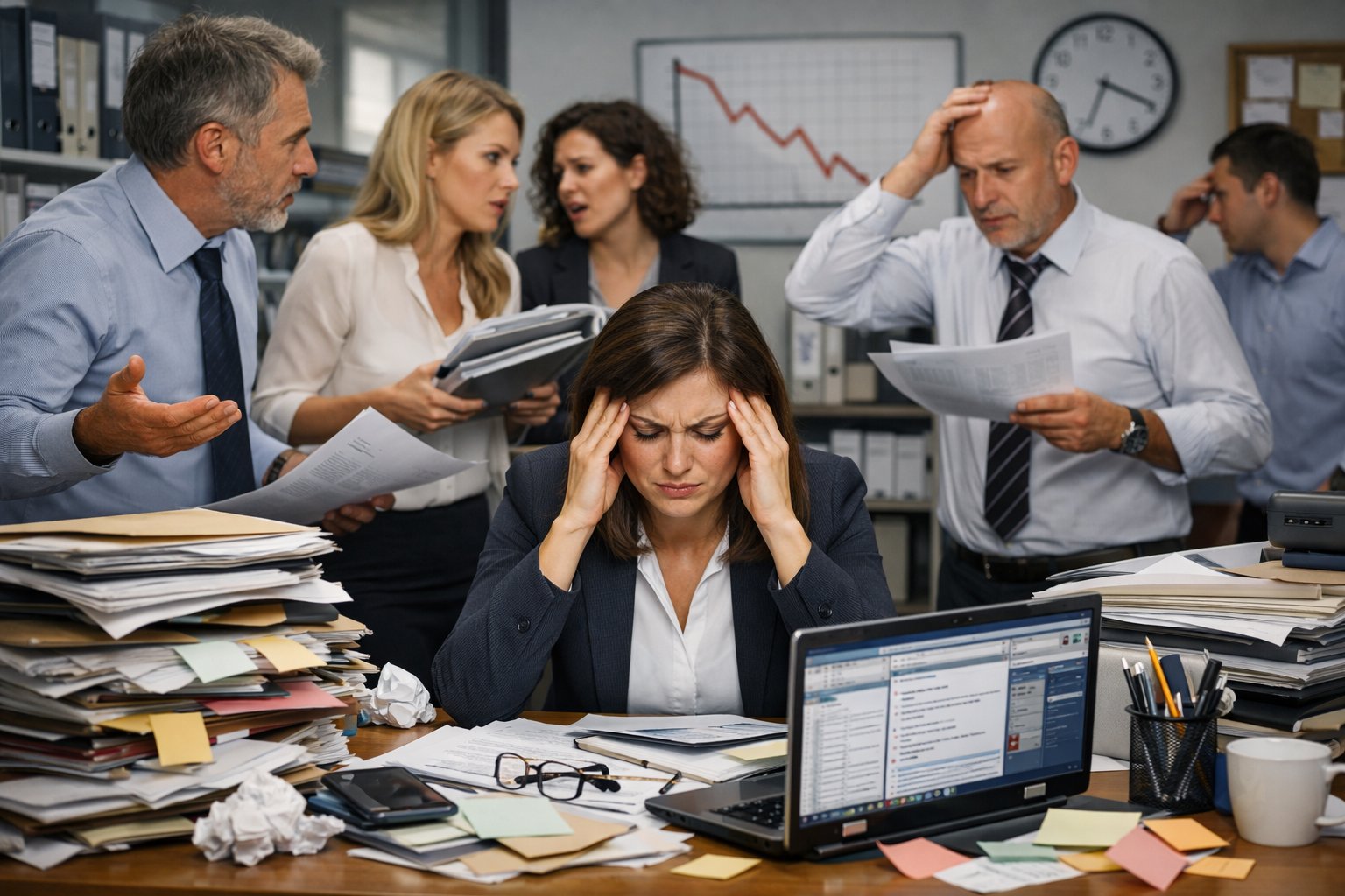 Une femme d'affaires stressée assise à un bureau encombré, entourée de collègues confus dans un bureau animé.