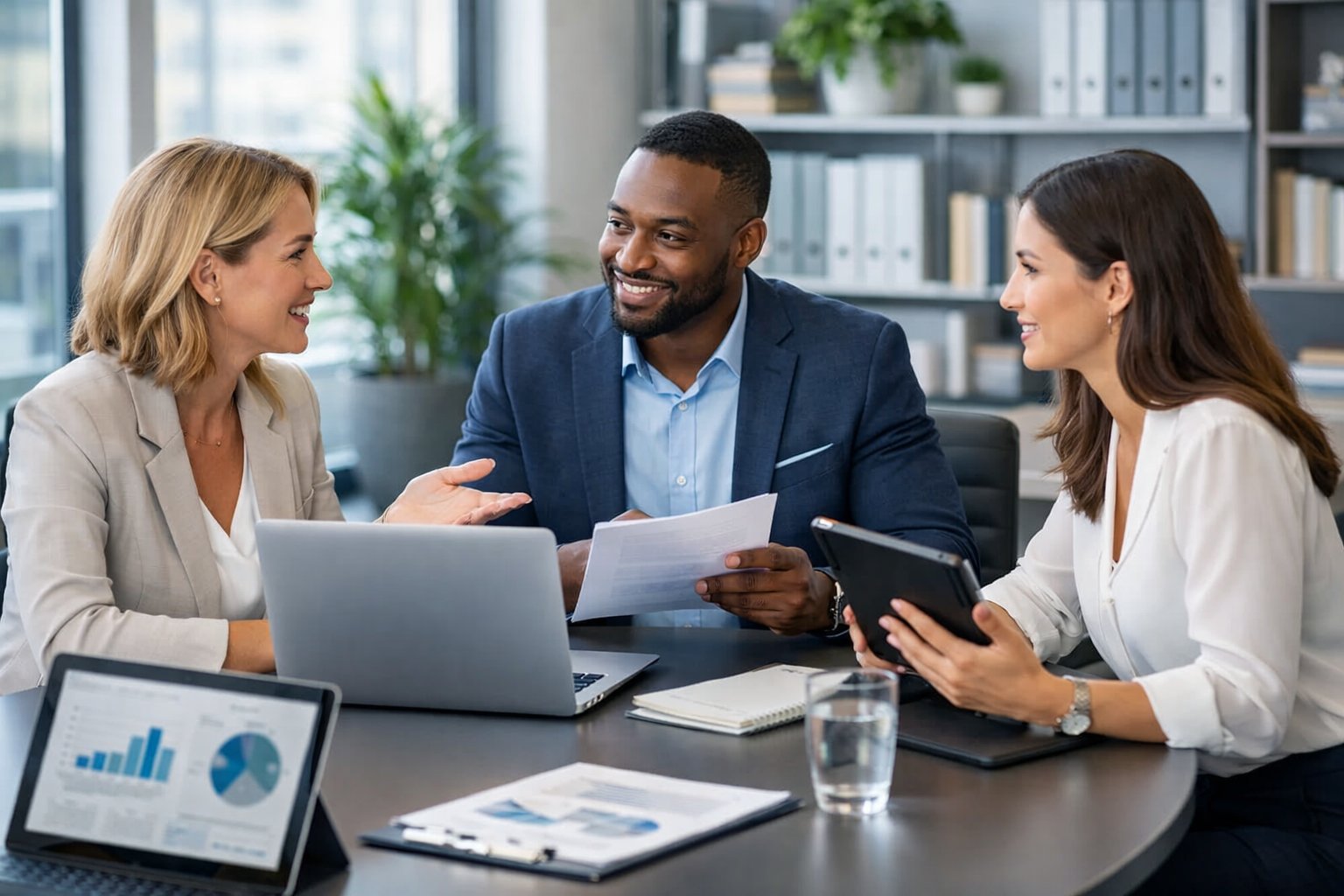 Trois professionnels en réunion dans un bureau moderne, discutant autour d'une table avec des ordinateurs portables et des documents.