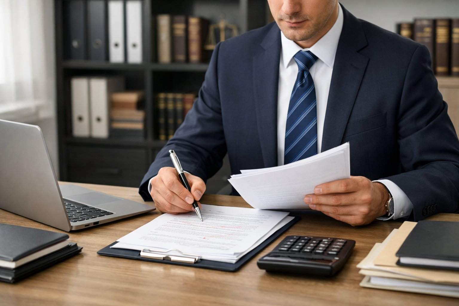 Un professionnel en tenue formelle examine des documents importants dans un bureau moderne avec un ordinateur portable et des dossiers bien rangés.