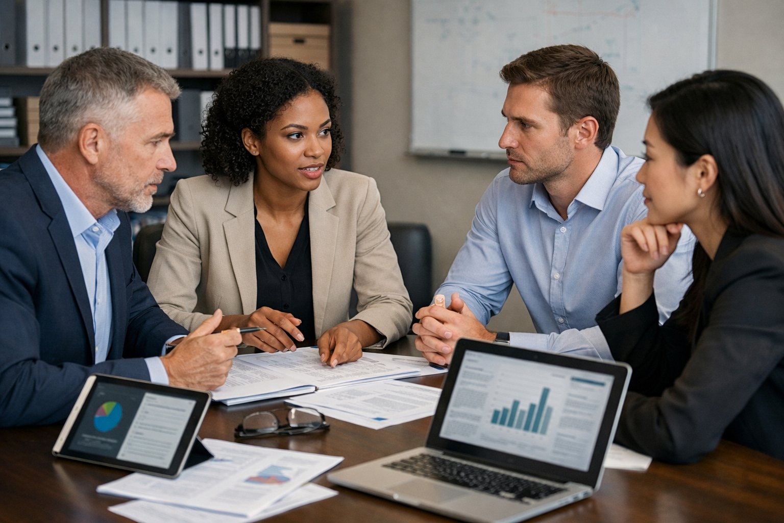 Un groupe de professionnels en réunion autour d'une table, examinant des documents dans un bureau moderne.