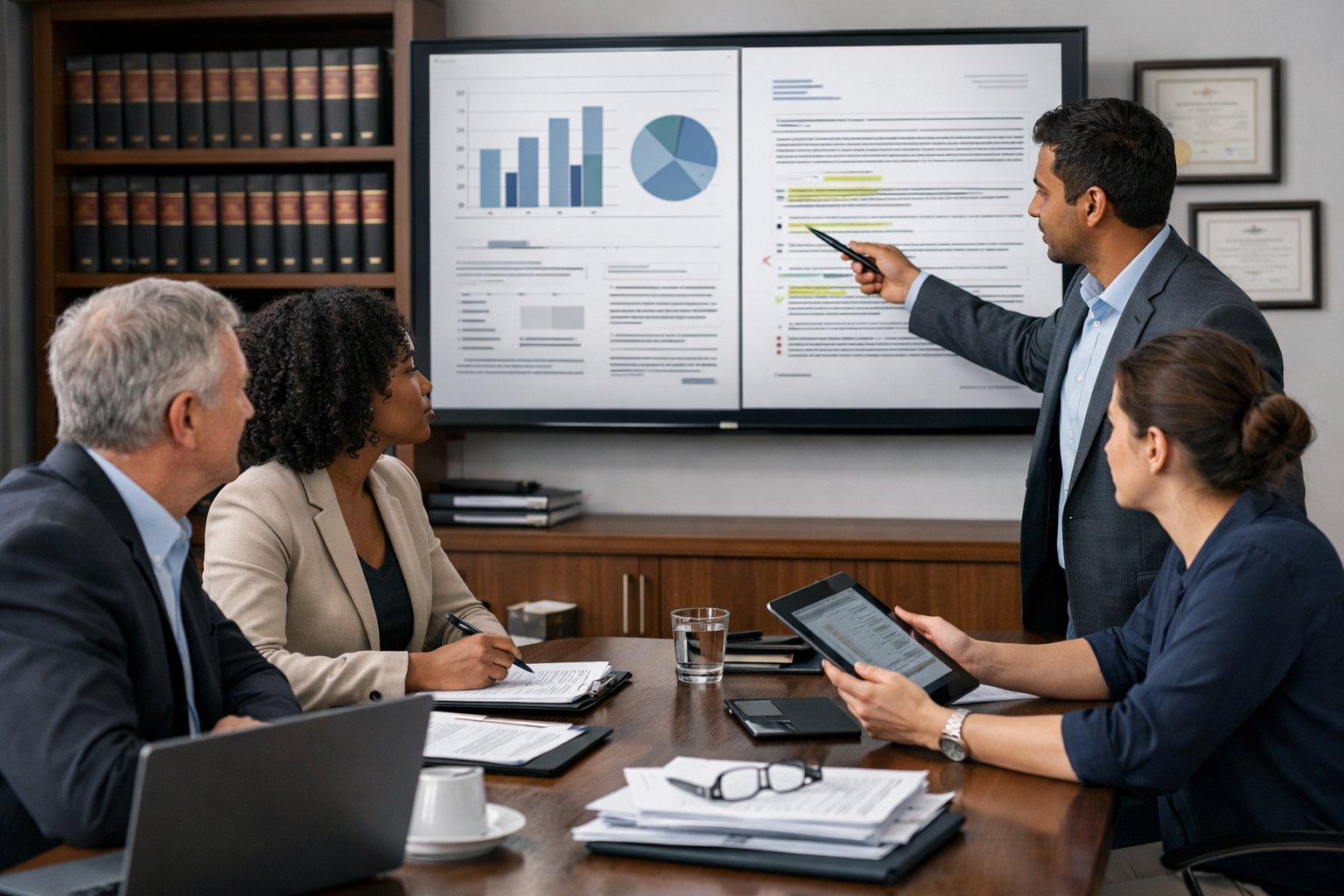 Des professionnels en réunion dans un bureau moderne, examinant des documents et discutant autour d'une table.