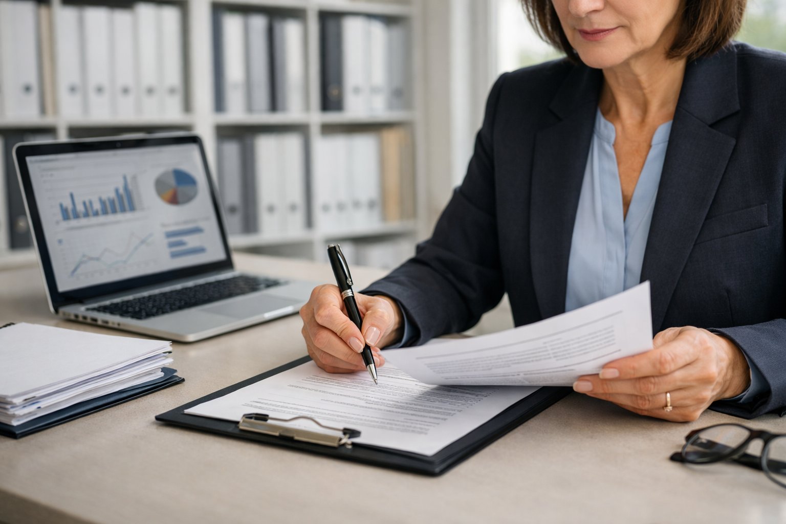 Personne professionnelle examinant des documents officiels dans un bureau lumineux et organisé.