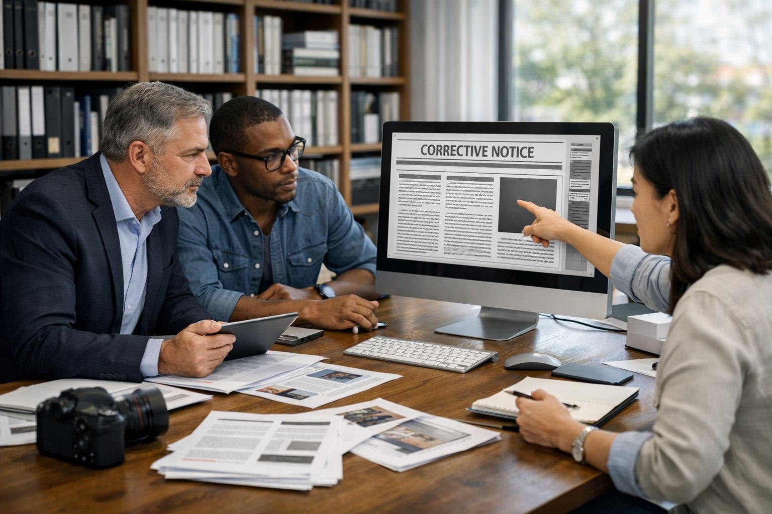 Un groupe de professionnels travaillant ensemble autour d'une table avec des ordinateurs et des documents dans un bureau moderne lumineux.