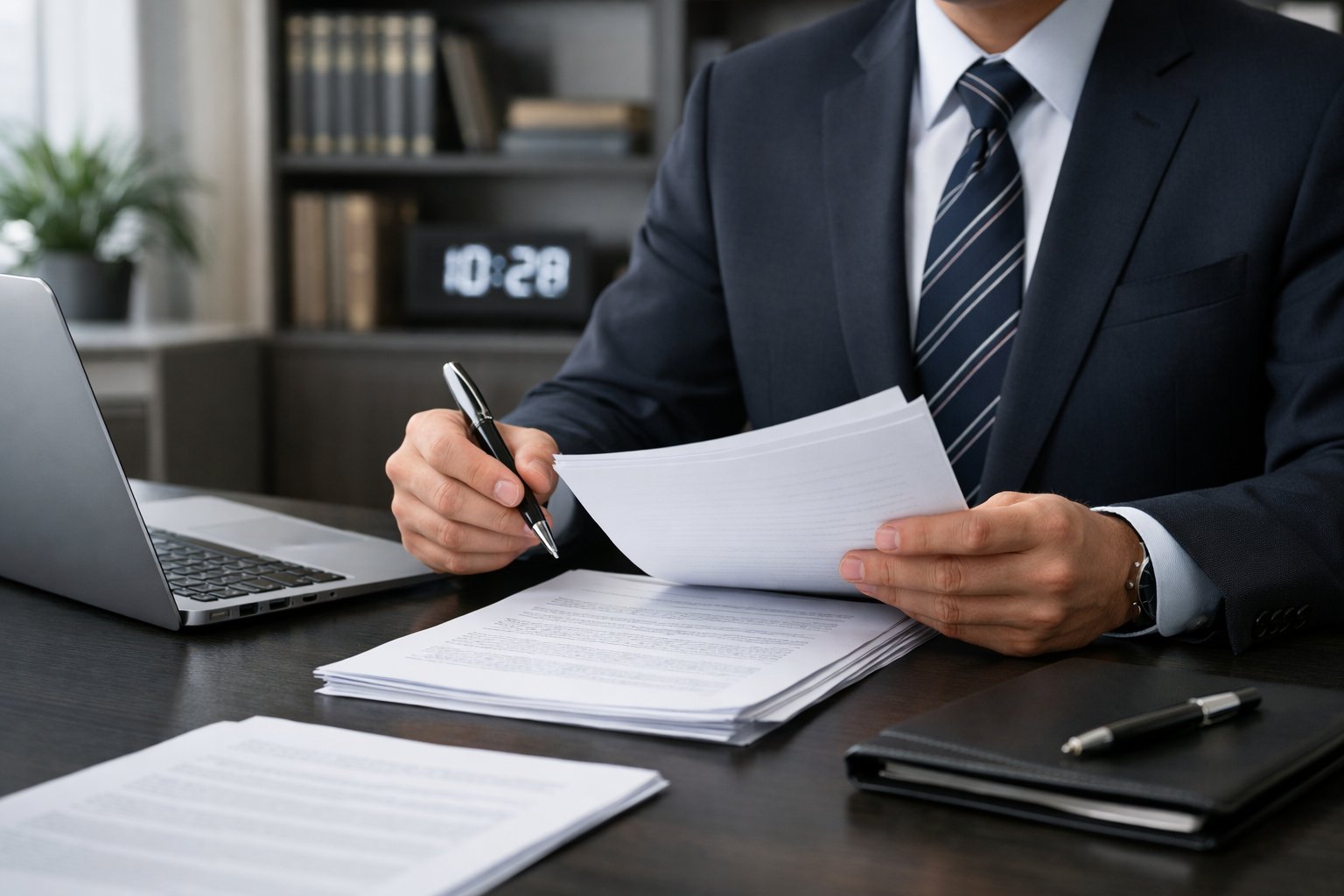 Un professionnel en bureau moderne examine des documents officiels liés aux annonces légales d’entreprise.