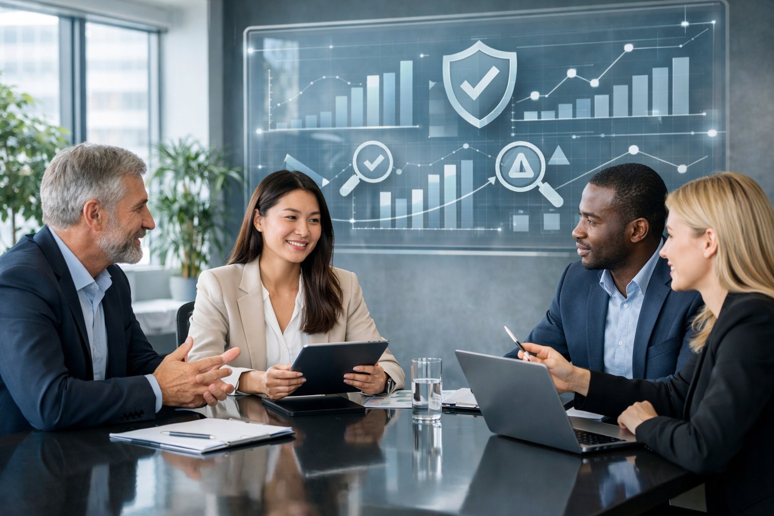 Des professionnels en réunion dans un bureau moderne, discutant autour d’une table avec des ordinateurs et des documents, concentrés sur la sécurisation et la vérification des avis clients.