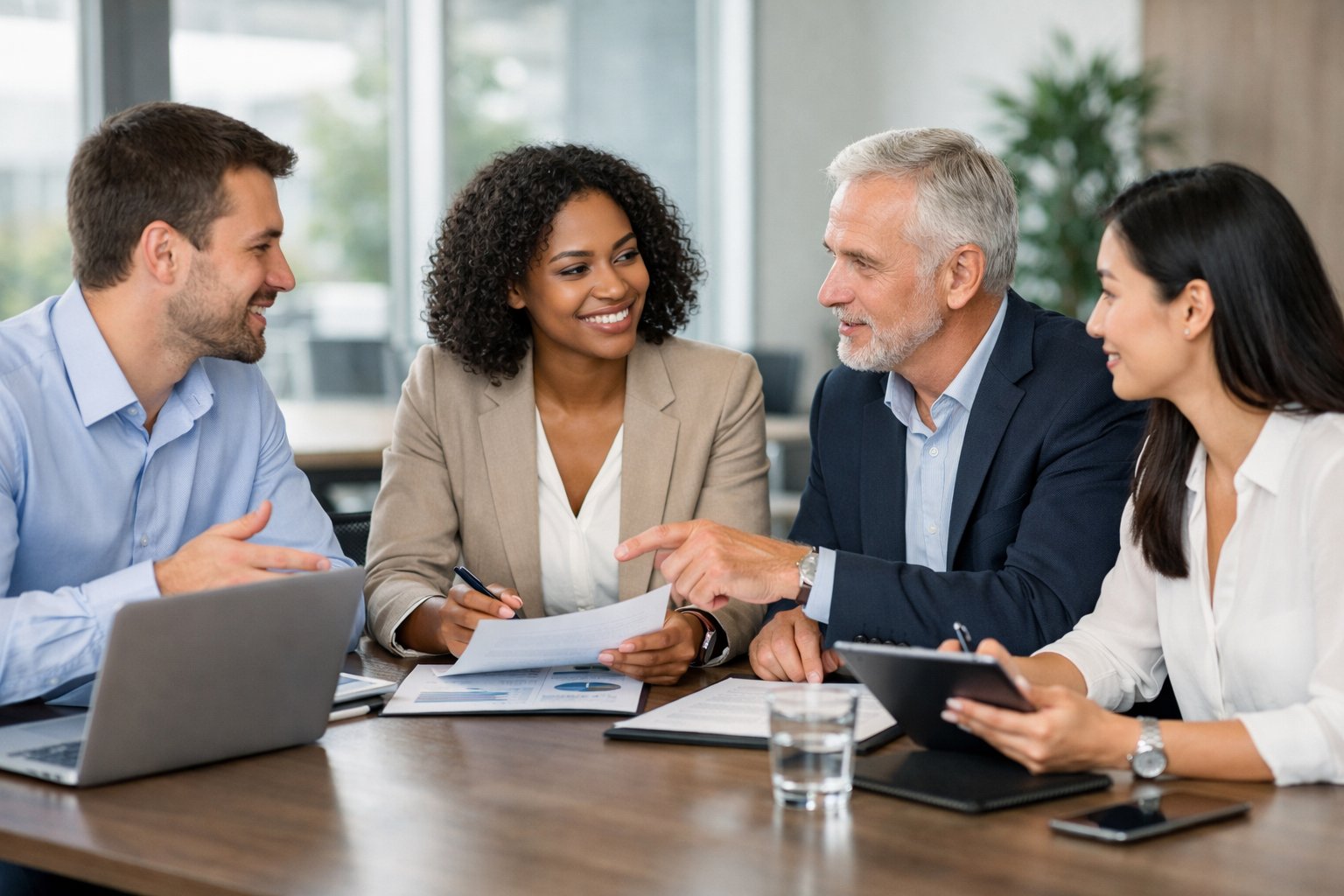 Des professionnels discutant autour d'une table de réunion dans un bureau lumineux et moderne.