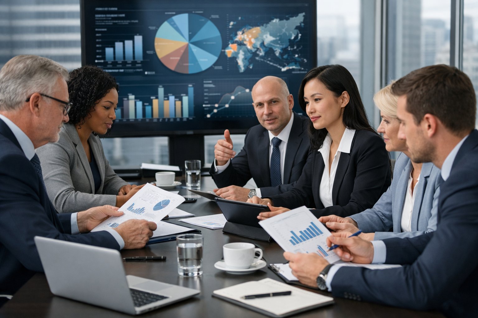 Un groupe de professionnels en réunion autour d'une table de conférence, discutant et analysant des documents et des graphiques liés aux marchés publics.