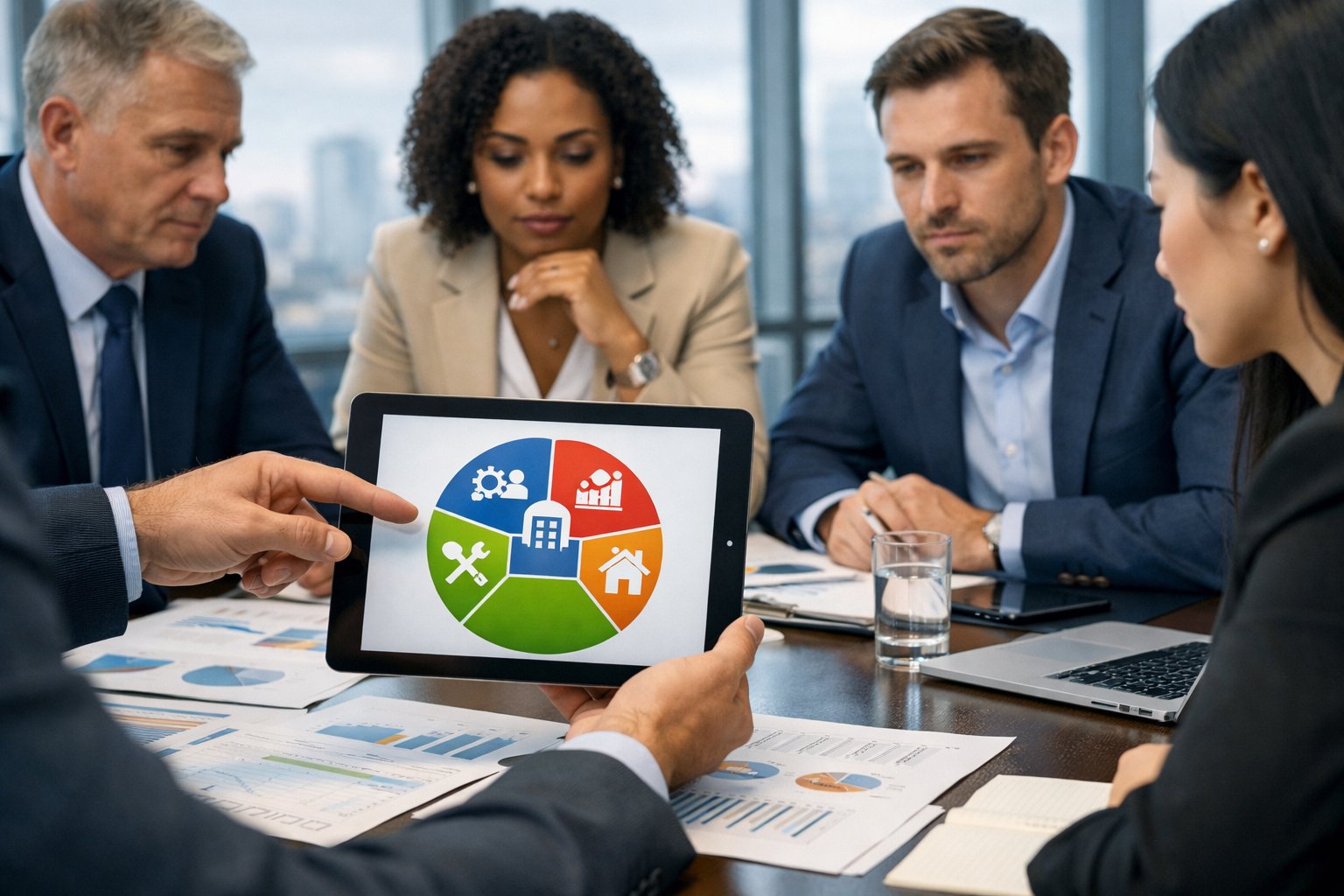Des professionnels en réunion autour d'une table de conférence examinant des documents et un écran montrant des données segmentées sur les marchés publics.