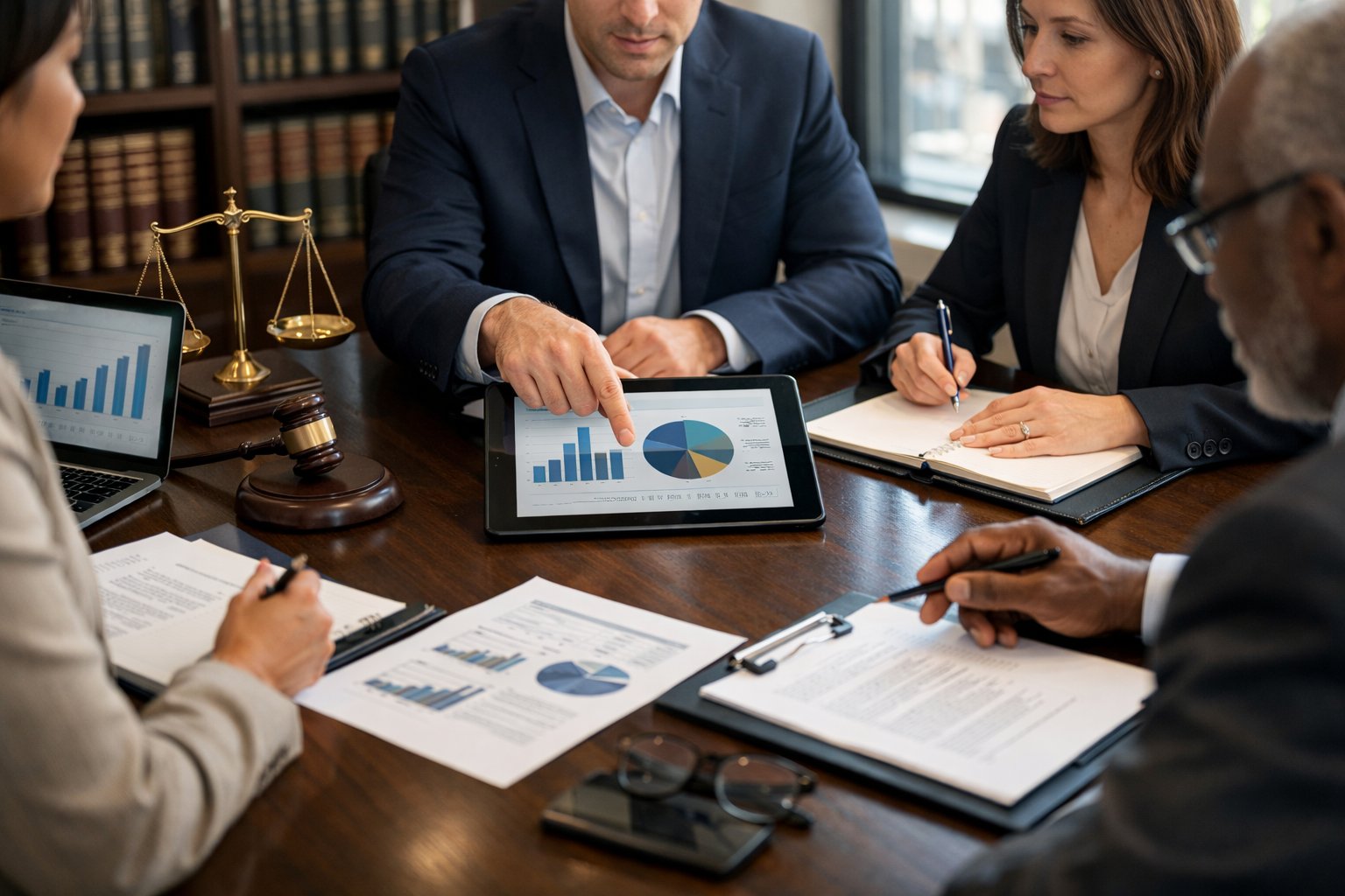 Un groupe de professionnels en réunion dans un bureau moderne, examinant des documents et des données sur une tablette, avec des étagères de livres de droit en arrière-plan.