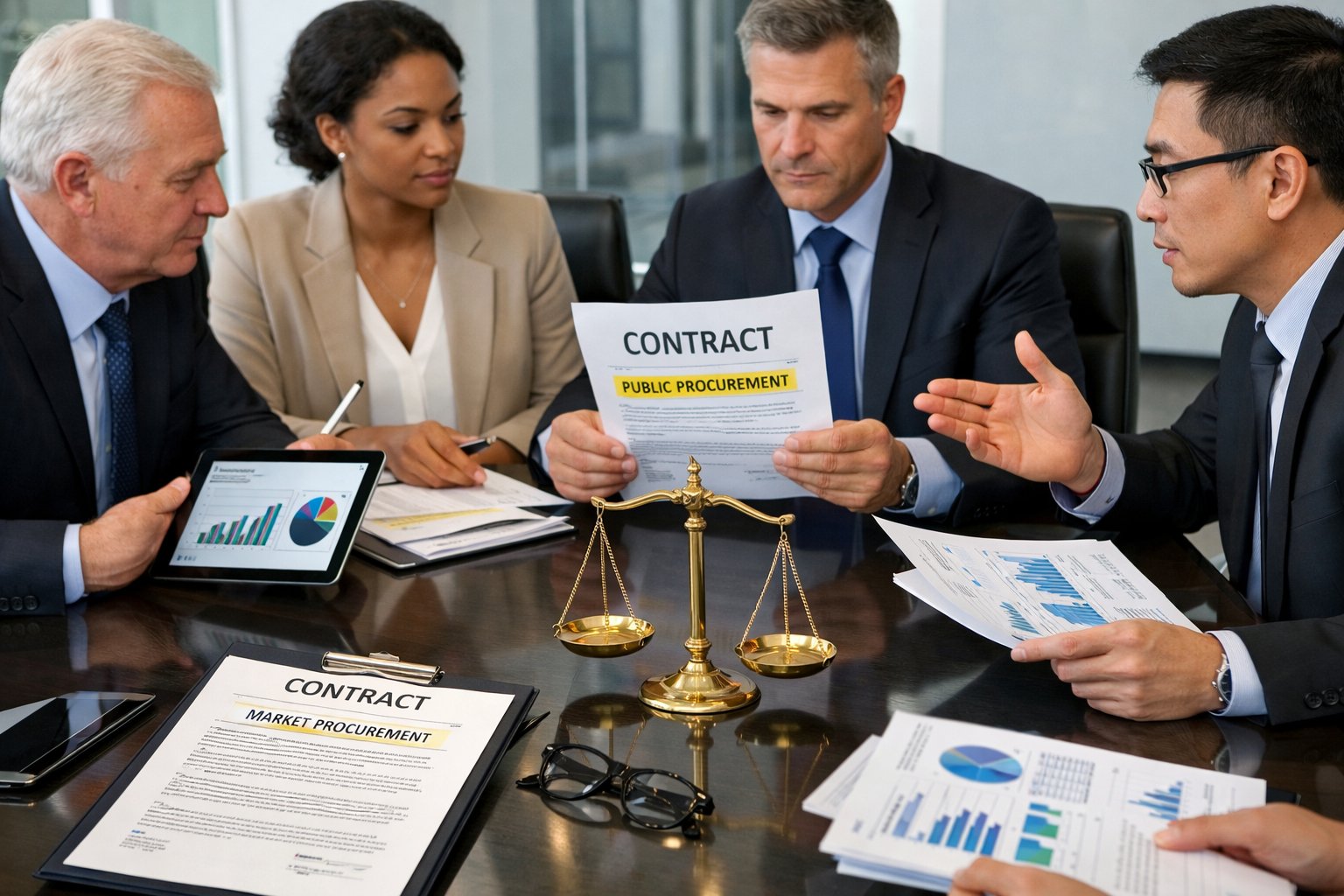 Un groupe de professionnels en réunion autour d'une table de conférence, examinant des documents et des graphiques dans un bureau moderne.