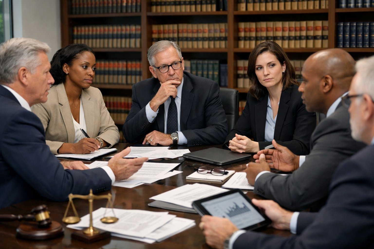 Des professionnels en réunion dans une salle de conférence moderne, examinant des documents liés aux marchés publics.