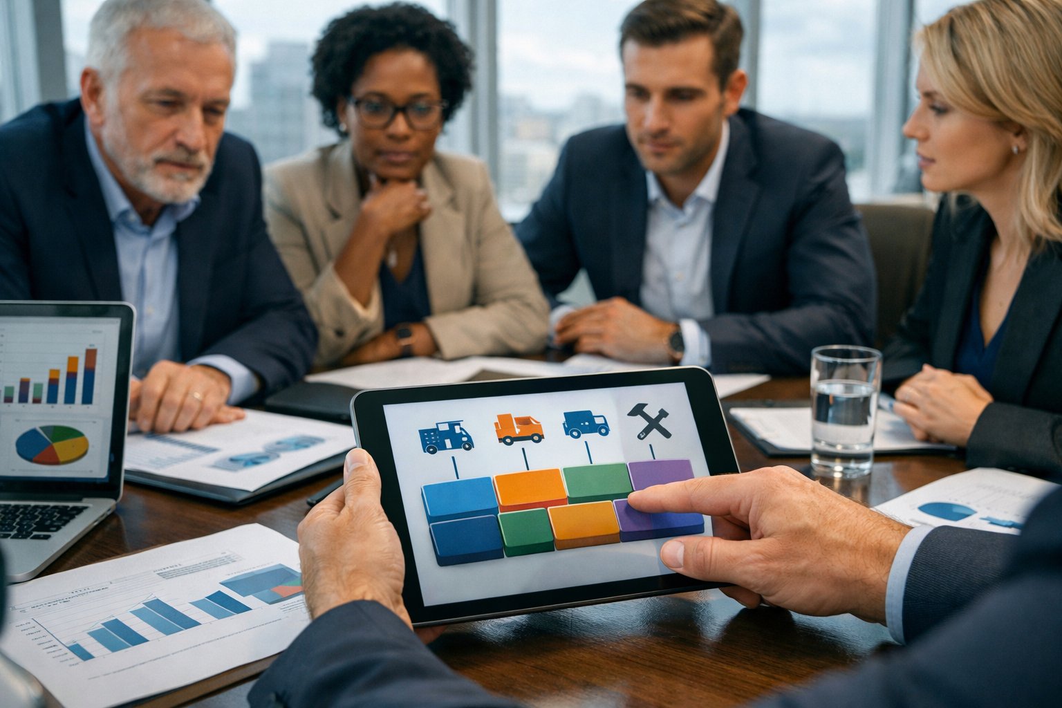 Des professionnels en réunion autour d'une table de conférence, examinant des documents et des graphiques liés aux marchés publics.