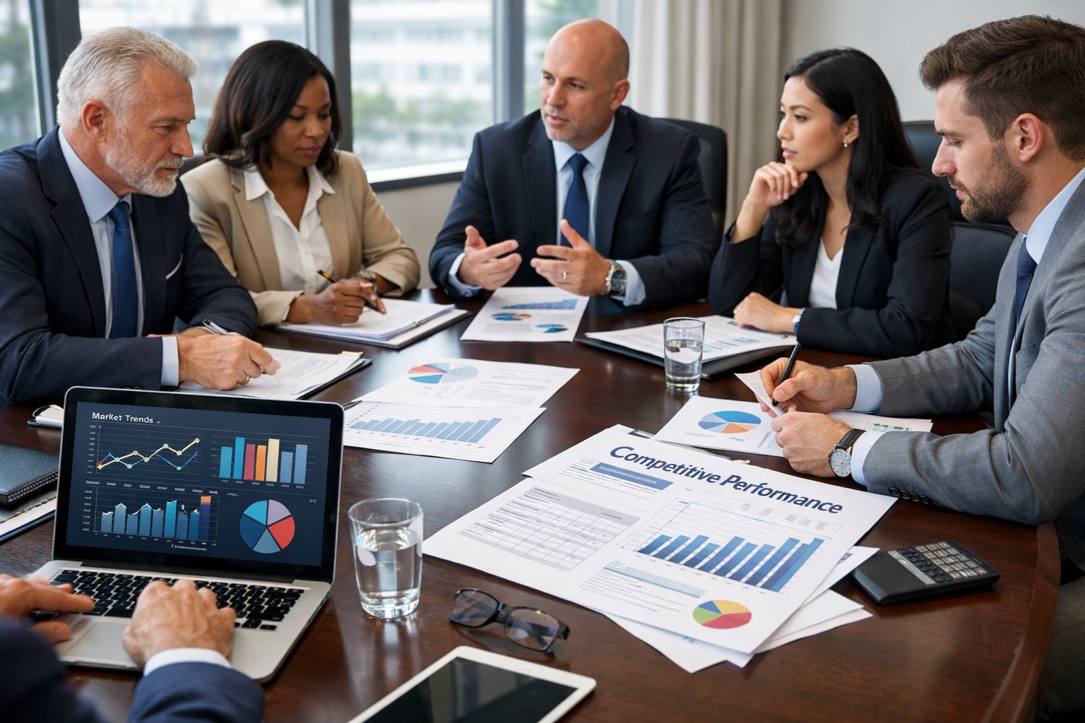 Un groupe de professionnels en réunion autour d'une table de conférence, examinant des documents et des graphiques dans une salle de réunion lumineuse.