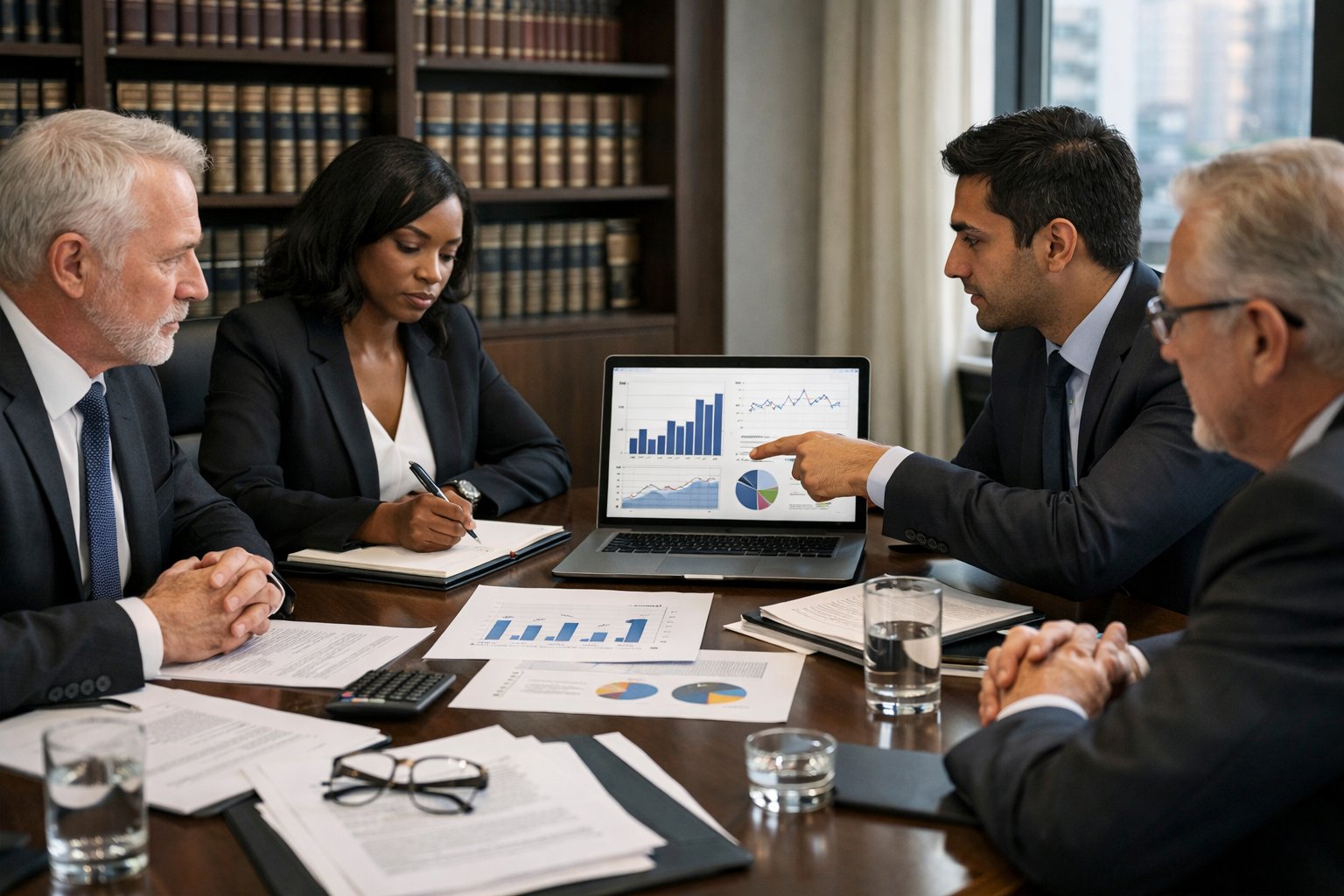 Des professionnels en réunion autour d'une table de conférence examinant des documents financiers et juridiques dans un bureau moderne.