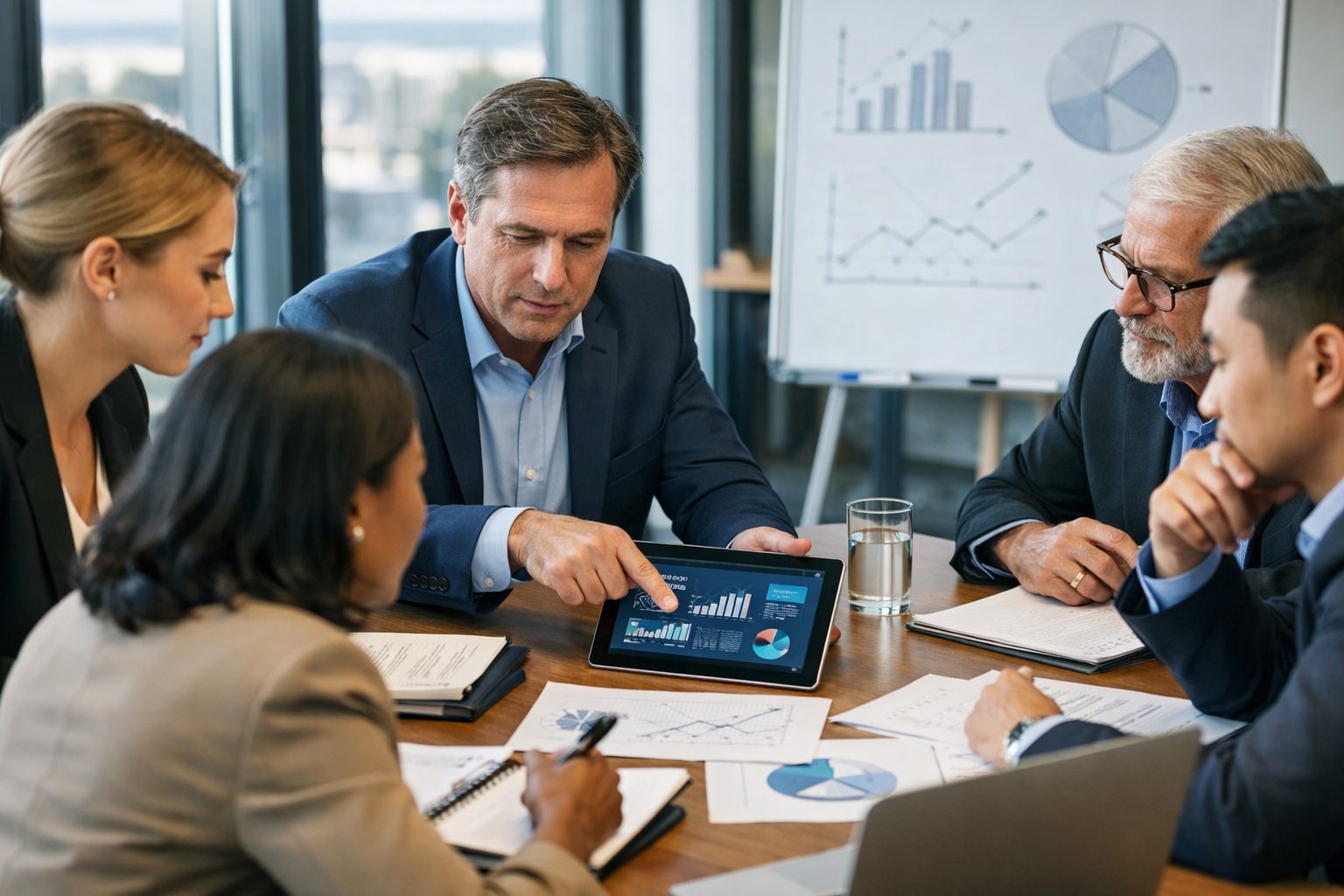 Un groupe de professionnels en réunion autour d'une table avec des documents et des appareils électroniques, en train d'analyser des données dans une salle de conférence moderne.