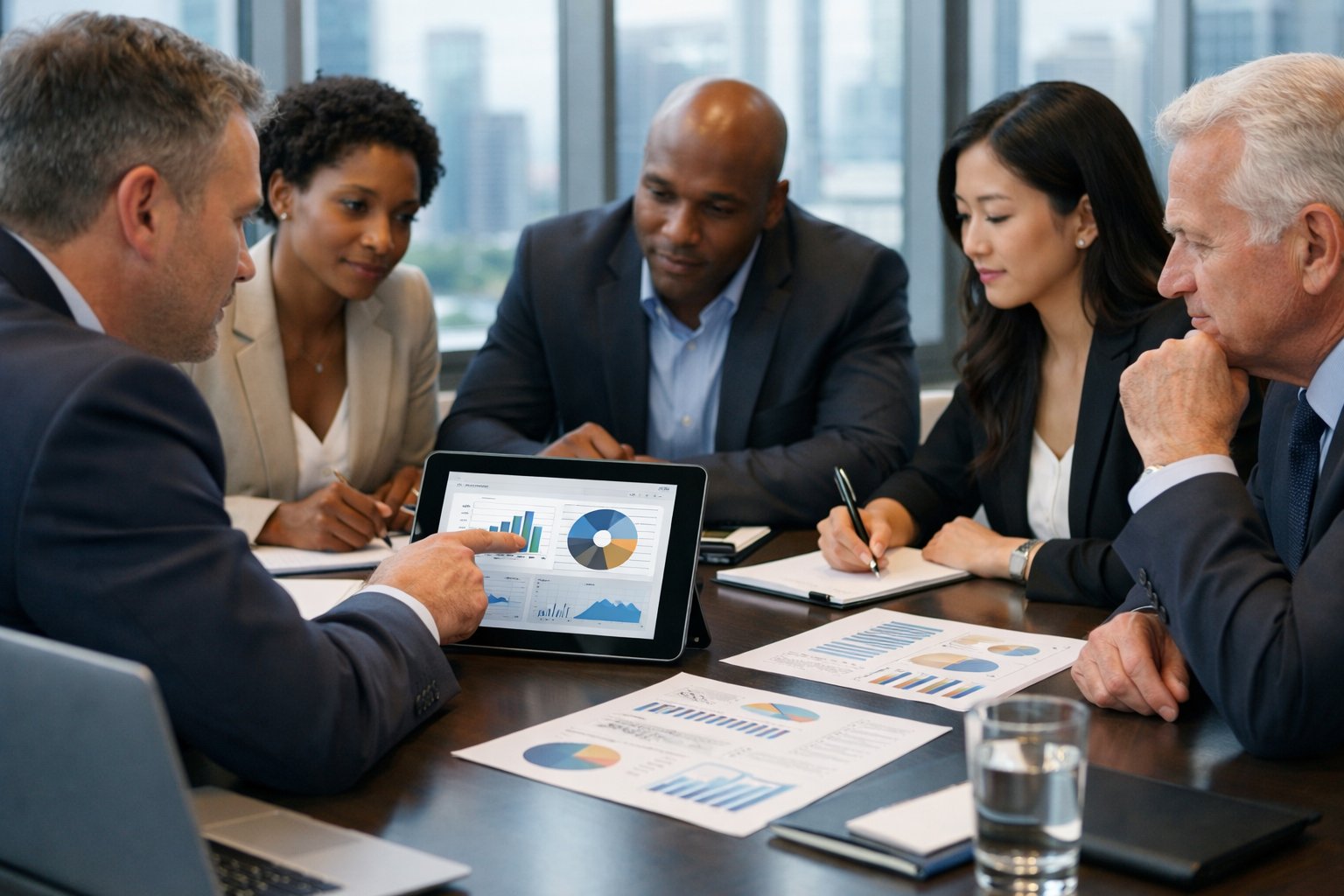 Un groupe de professionnels en réunion dans une salle de conférence moderne, discutant autour d'une table avec des documents et des appareils électroniques.