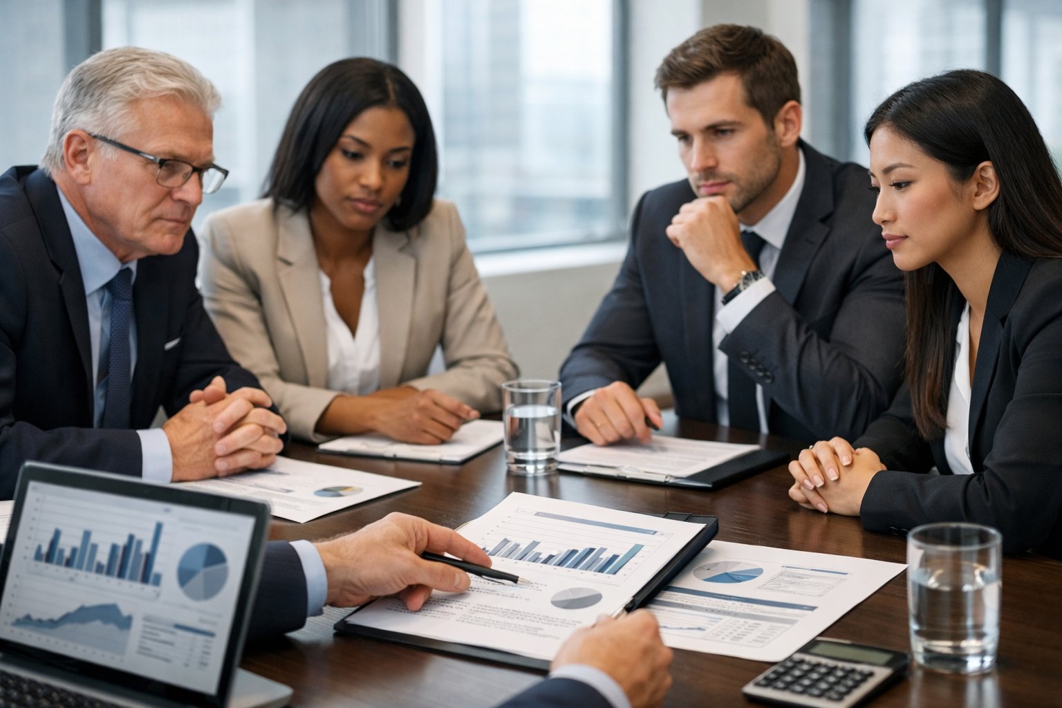 Personnes en réunion d'affaires discutant autour d'une table avec des documents et des ordinateurs portables.