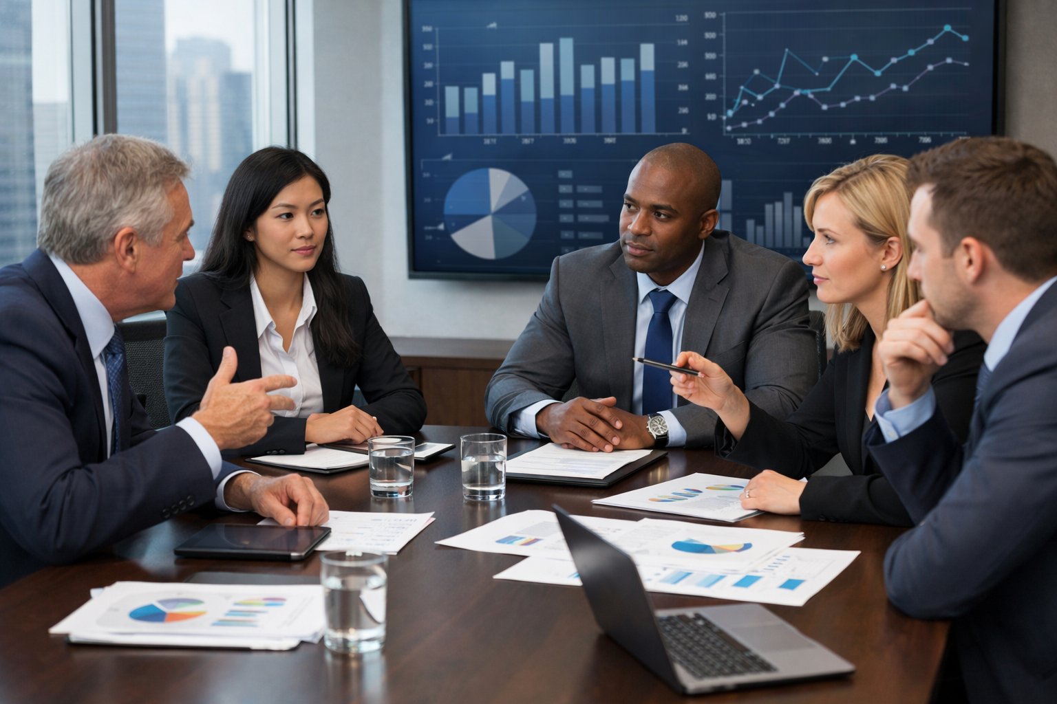 Un groupe de professionnels en réunion autour d'une table de conférence, discutant et analysant des documents dans un bureau moderne.