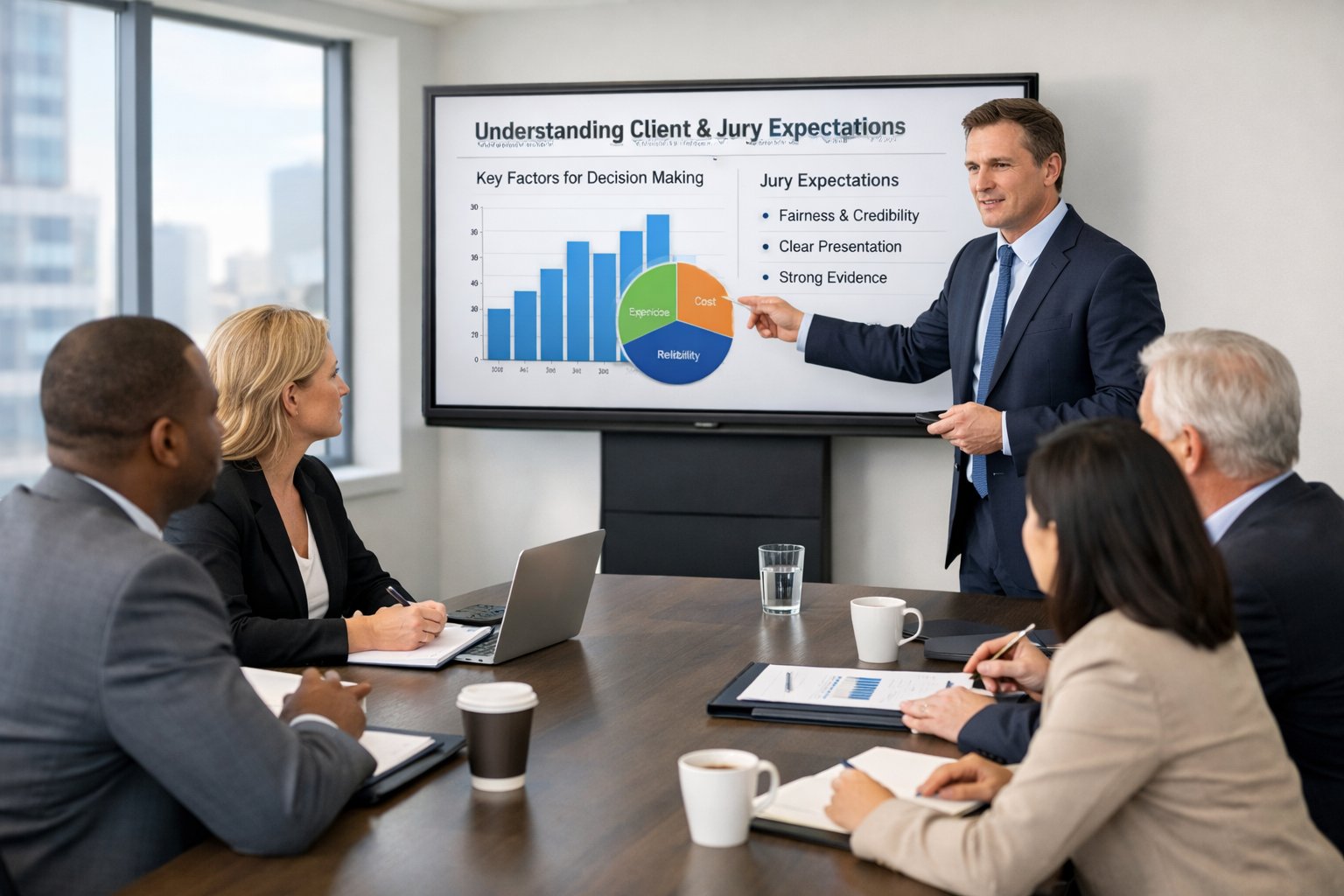 Un groupe de professionnels en réunion autour d'une table de conférence, discutant et présentant des informations sur un écran numérique.