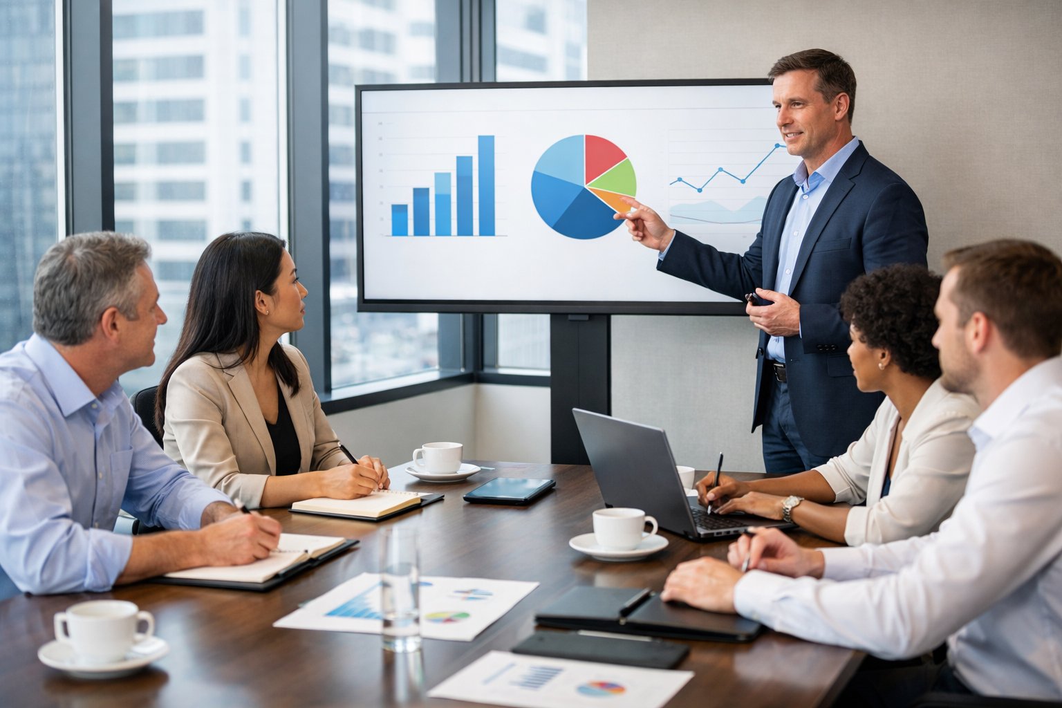 Des professionnels en réunion autour d'une table de conférence, préparant une présentation avec un écran affichant des graphiques.