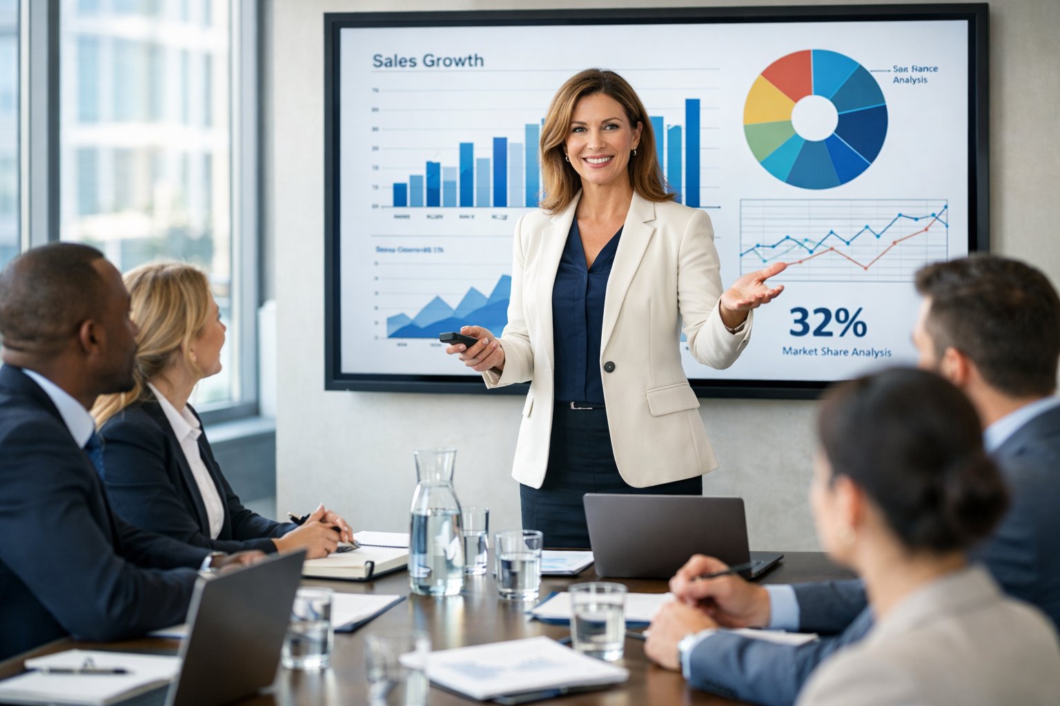 Une femme d'affaires confiante présente devant un groupe de collègues dans une salle de conférence moderne.