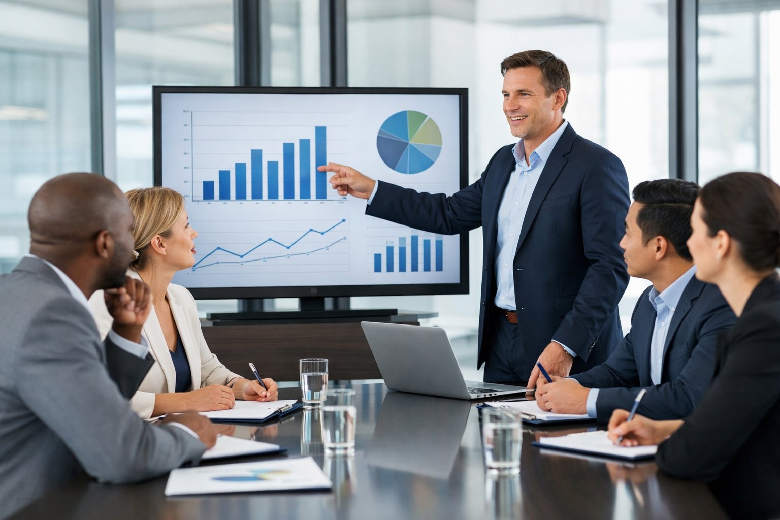 Un groupe de professionnels en réunion autour d'une table de conférence, discutant et échangeant lors d'une présentation d'appel d'offres.