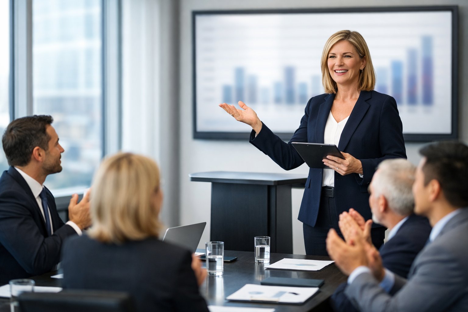 Une personne d'affaires conclut une présentation devant des collègues attentifs dans une salle de conférence moderne.