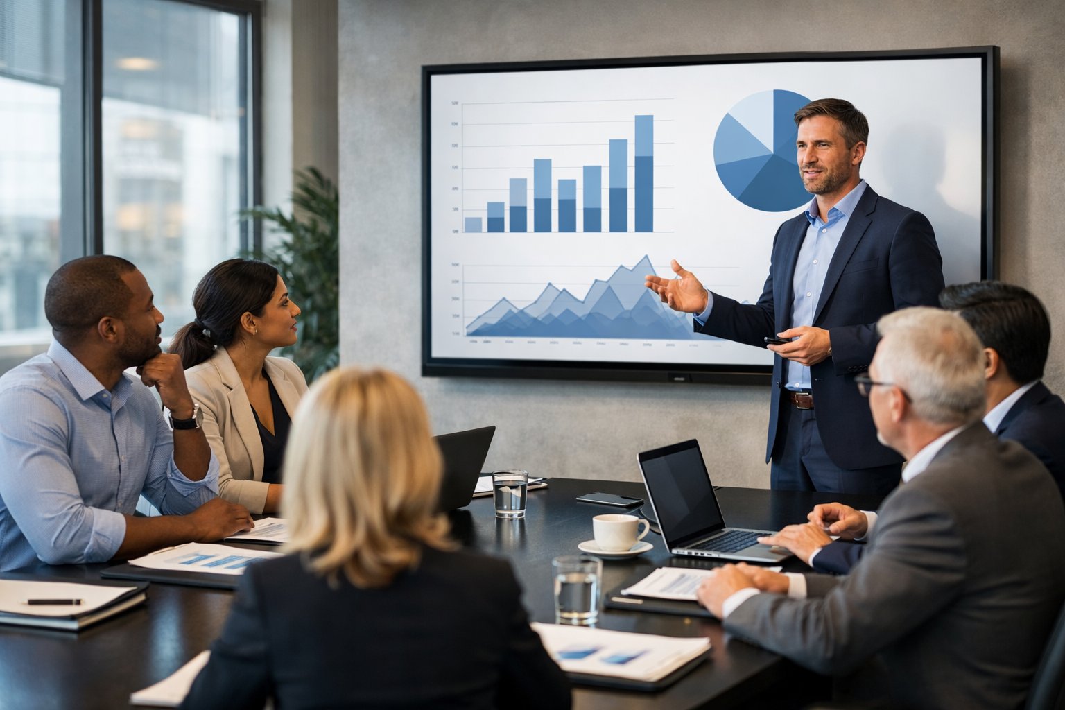 Un groupe de professionnels en réunion dans une salle de conférence moderne, un présentateur debout à côté d'un écran montrant des graphiques, les autres participants écoutant attentivement autour d'une table.