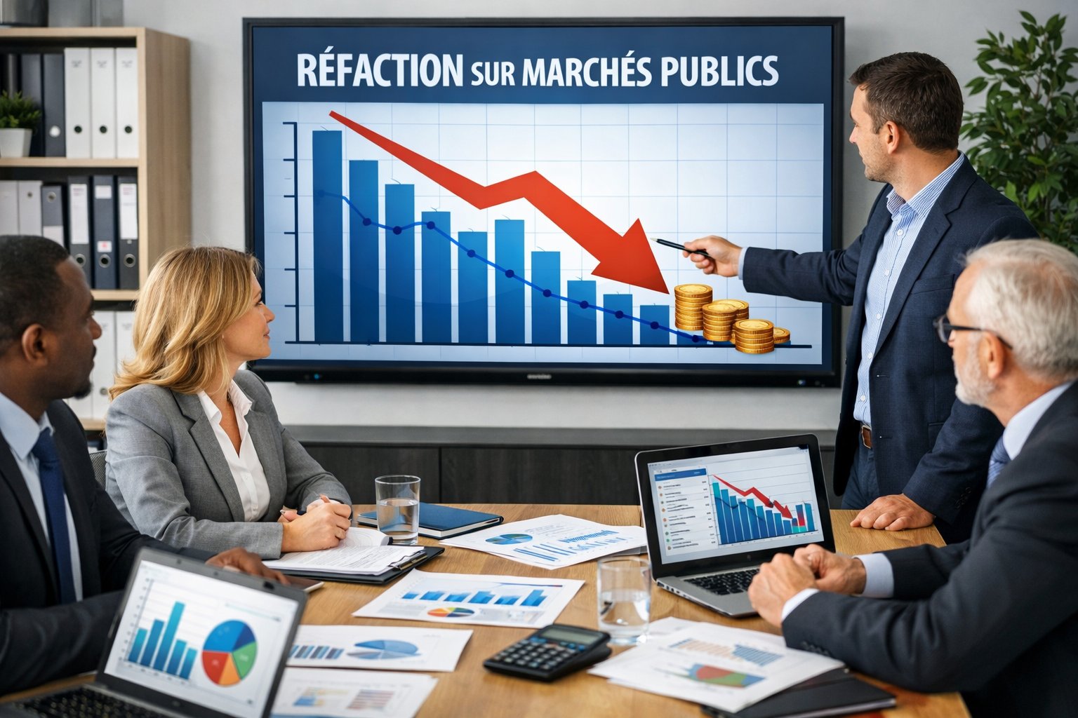 Des professionnels en réunion autour d'une table de conférence analysant des graphiques financiers dans un bureau moderne.