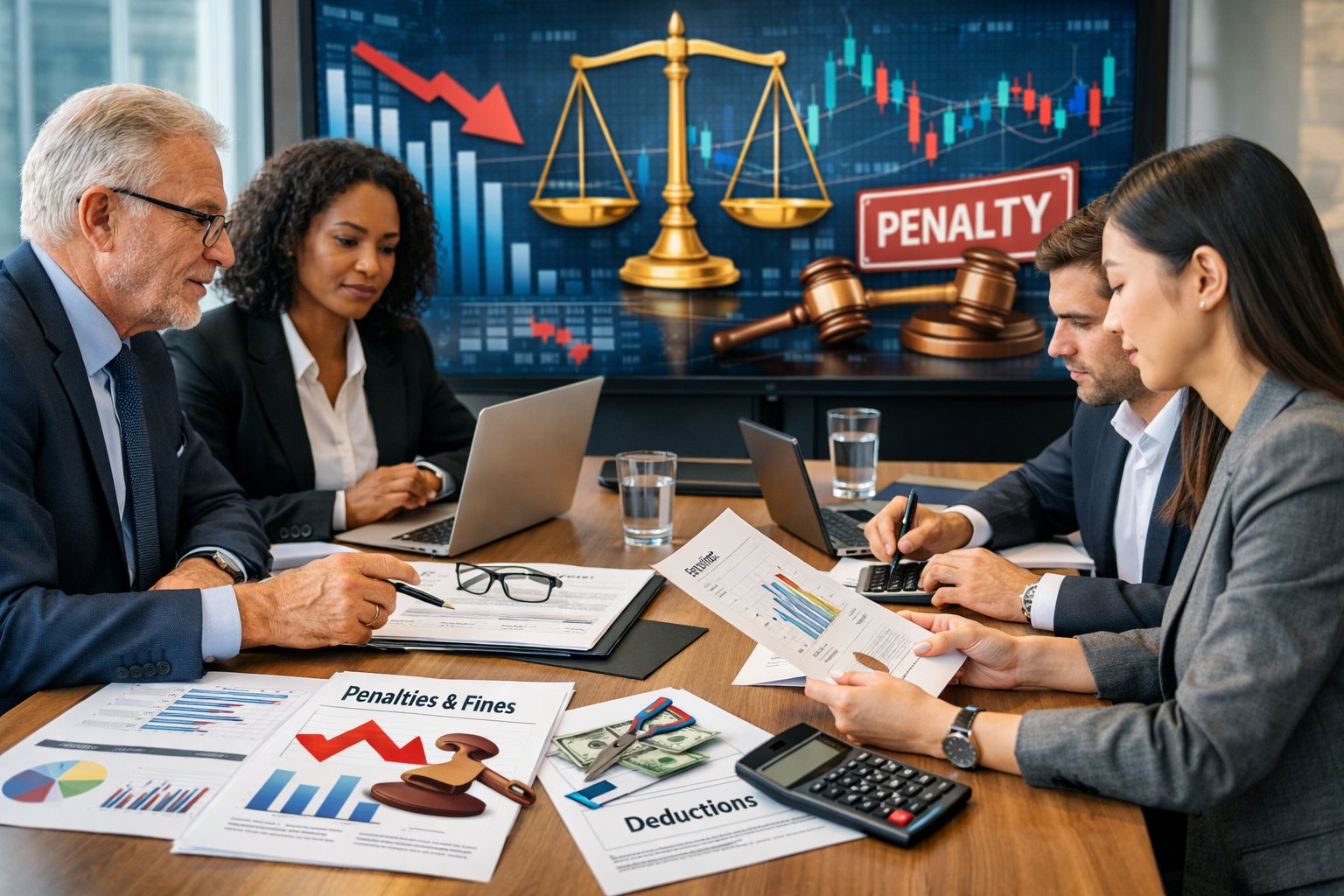 Un groupe de professionnels en réunion autour d'une table de conférence avec des documents financiers et des ordinateurs, discutant de mécanismes financiers et juridiques.
