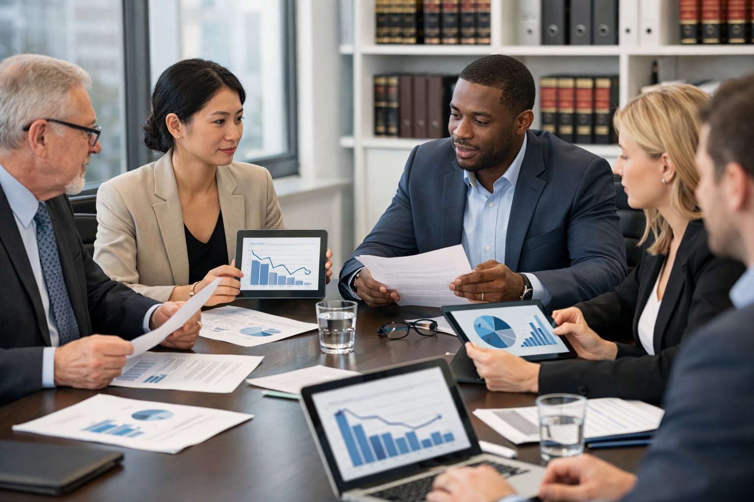 Un groupe de professionnels en réunion autour d'une table de conférence, examinant des documents et discutant de contrats dans un bureau lumineux.
