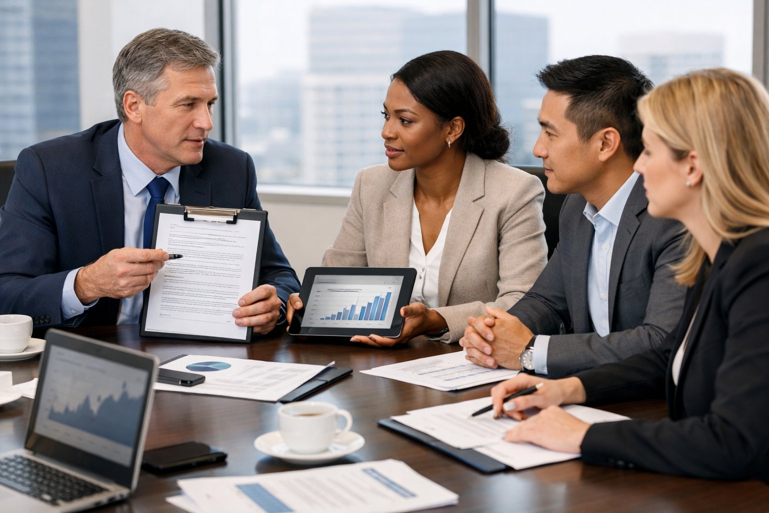 Des professionnels discutant autour d'une table de réunion, examinant des documents et des tablettes dans un bureau moderne.