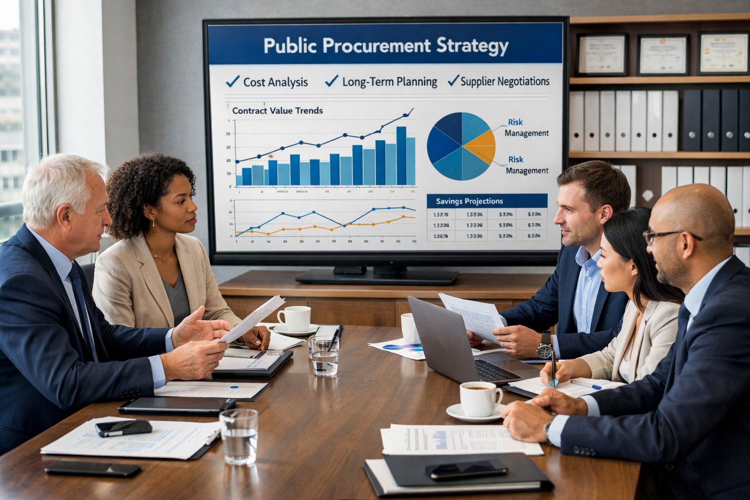Un groupe de professionnels en réunion autour d'une table de conférence, examinant des documents et des graphiques liés aux marchés publics.