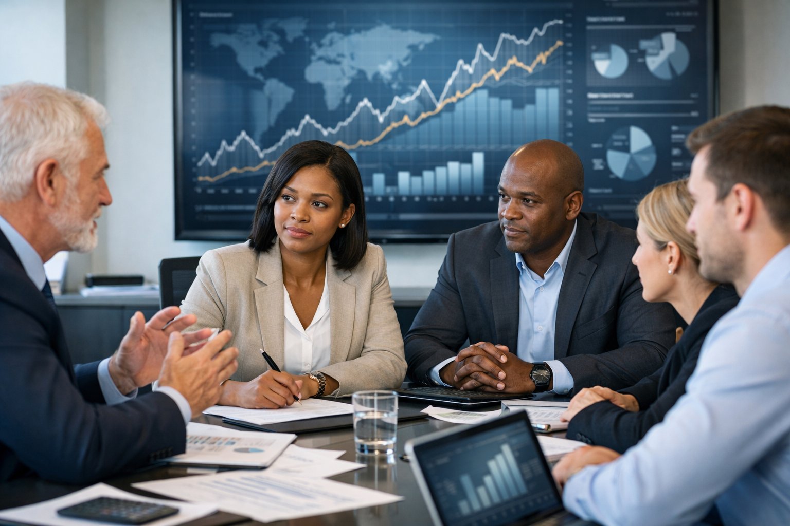 Des professionnels en réunion autour d'une table de conférence, discutant de documents et de graphiques financiers dans un bureau moderne.