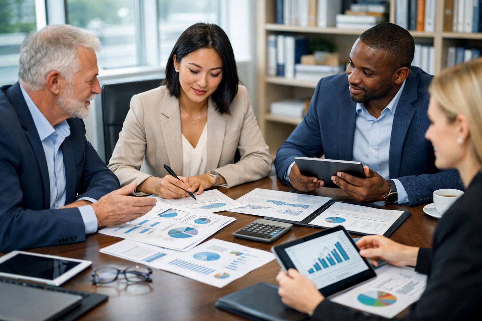 Des professionnels en réunion autour d'une table de conférence avec des documents et des ordinateurs, travaillant ensemble dans un bureau moderne.