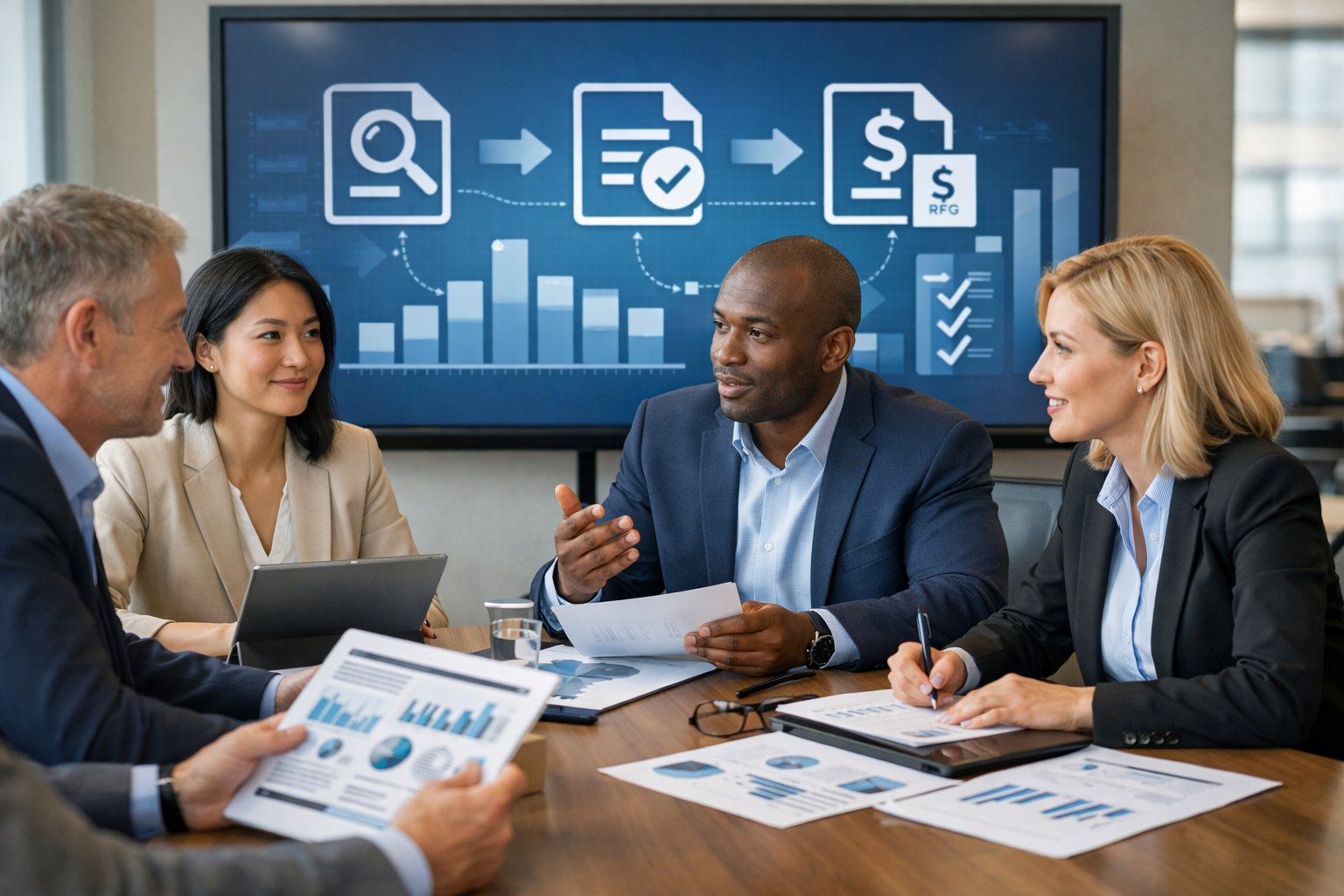 Des professionnels en réunion autour d'une table de conférence avec des ordinateurs et des documents, discutant de processus d'appels d'offres.