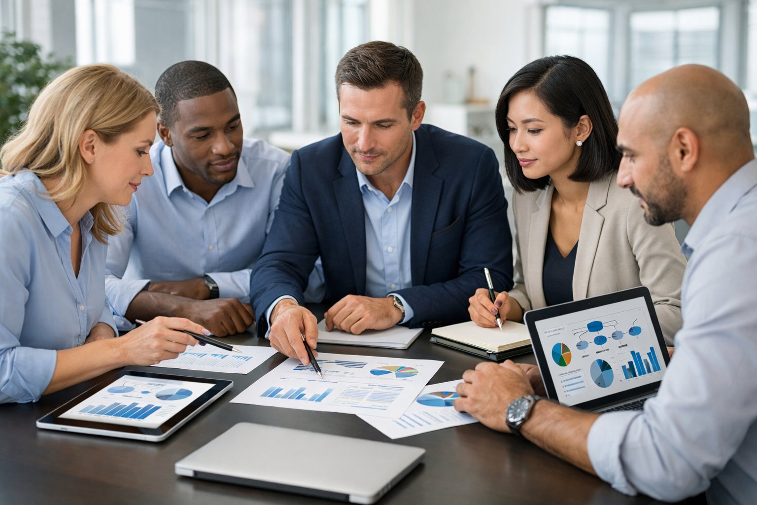 Un groupe de professionnels en réunion autour d'une table de conférence avec des documents et des appareils électroniques, discutant de processus d'appels d'offres.