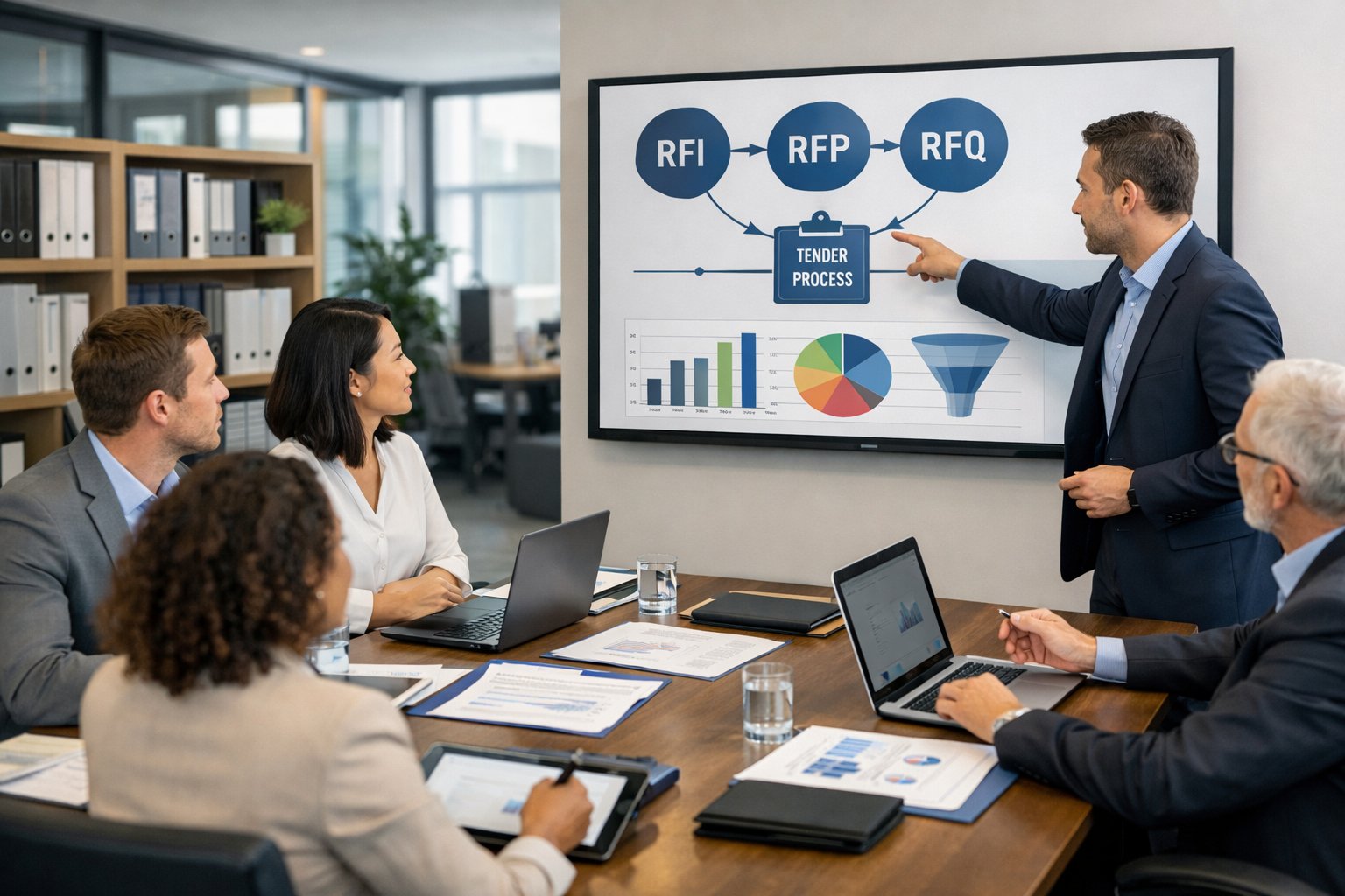 Un groupe de professionnels en réunion autour d'une table de conférence avec des ordinateurs et des documents, discutant de processus d'appels d'offres dans un bureau lumineux.