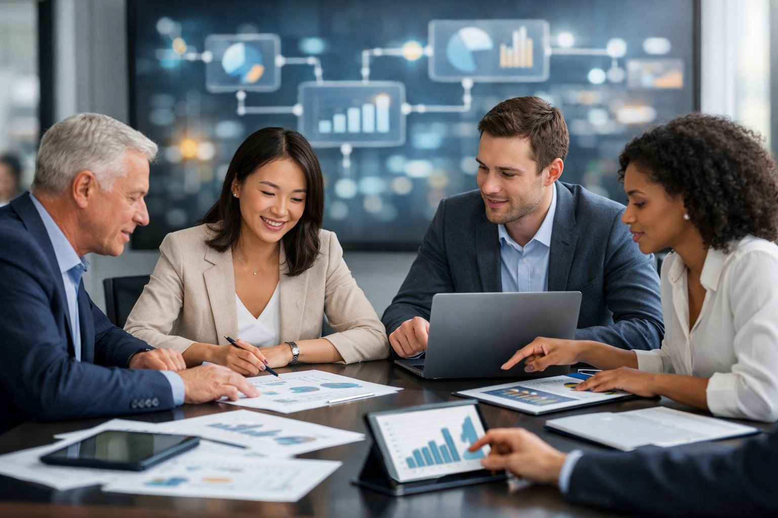 Des professionnels en réunion autour d'une table de conférence, examinant des documents et des écrans dans un bureau moderne.