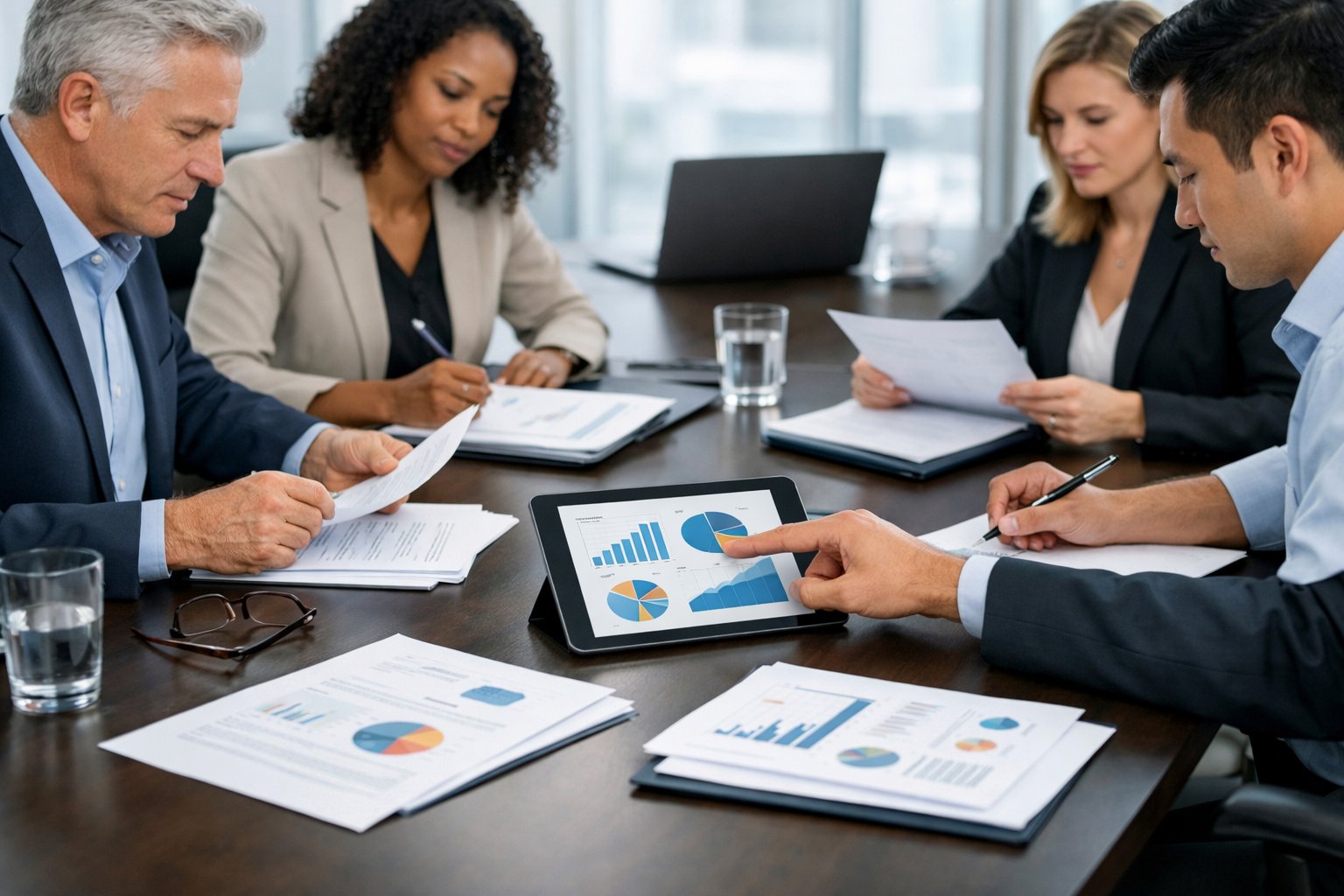 Un groupe de professionnels en réunion autour d'une table de conférence, examinant des documents et discutant pour prendre une décision.